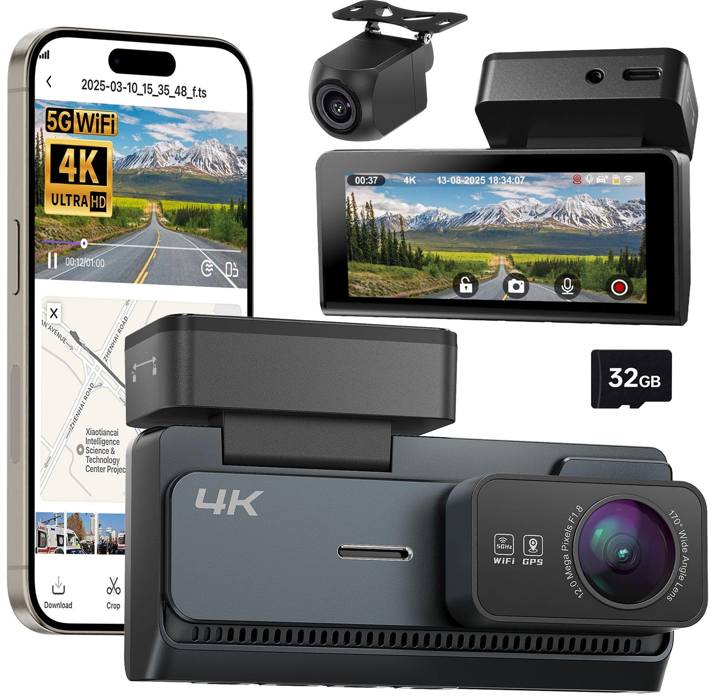 Yonvim 4K Dash Cam Front and Rear with GPS, 3.39" Screen, Dash Camera for Cars with App, 24H Parking Mode, Car Dash Cam with 32GB Card