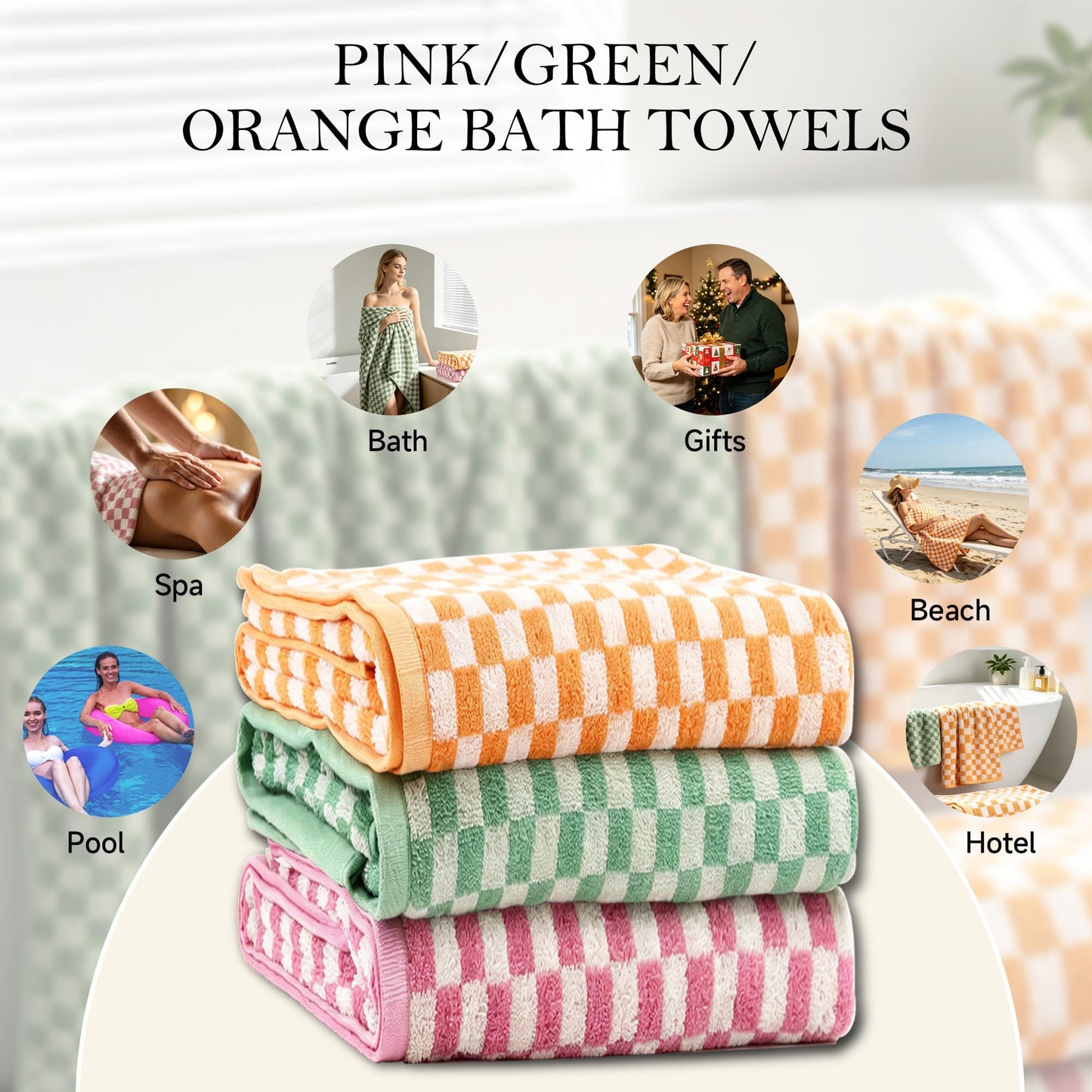 CinGiiCo Checkered Bath Towels Set of 3, 100% Cotton Bath Towels Large, 600GSM, 55 * 28 in, Luxury Shower Towels for Bathroom, Soft Absorbent Quick-Dry(Orange+Dark Green+Pink)