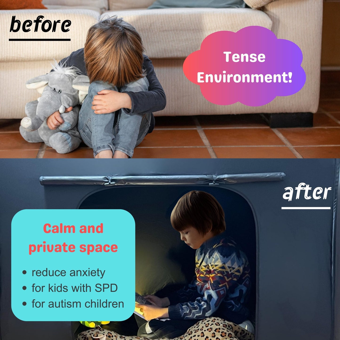 lukidoki Sensory Tent for Kids with Autism - CPC Certification Sensory Calm Corner Helps ADHD, SPD Children Relax, Reduce Anxiety - Portable Pop-up Blackout Hideout Play Tent Toys Add Windows