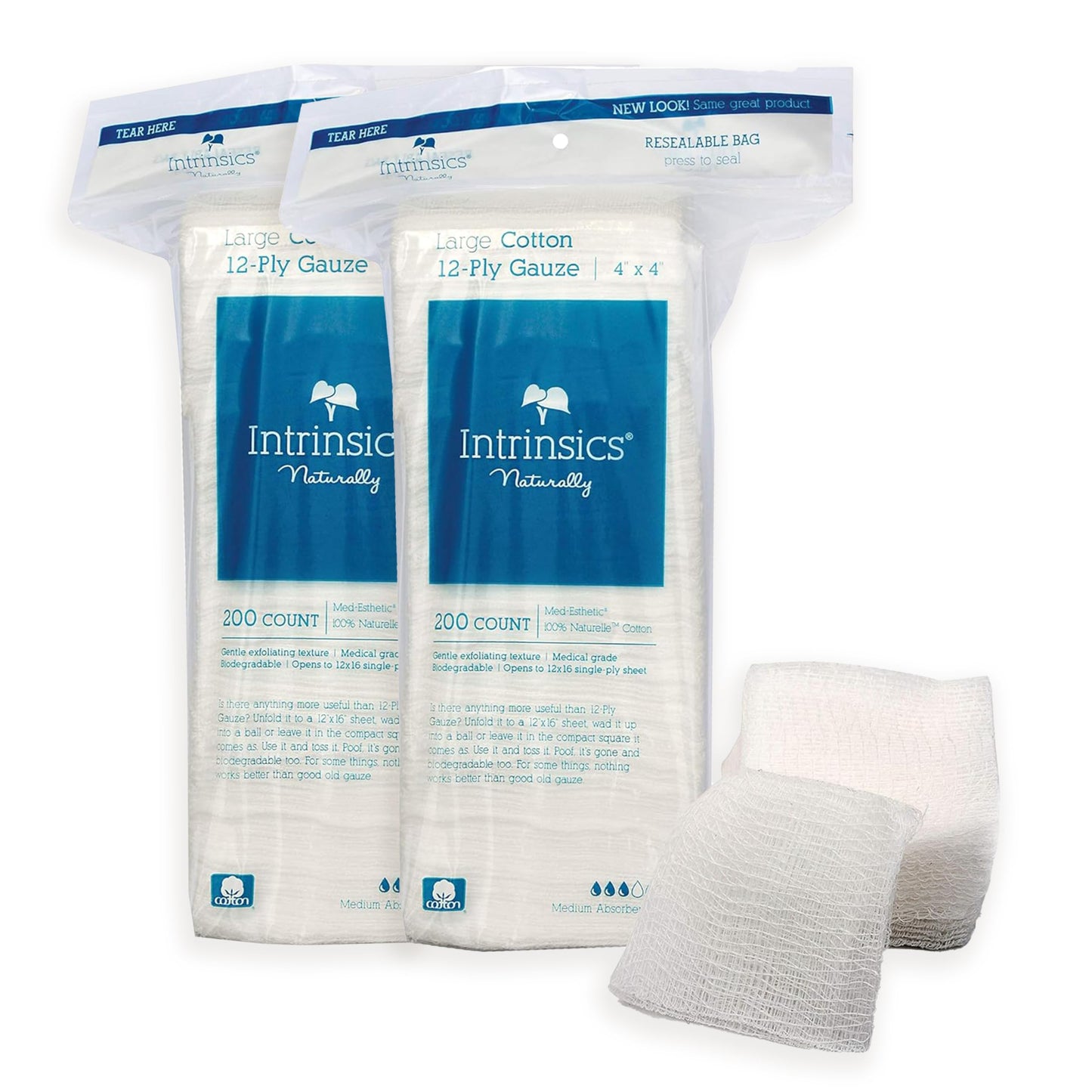 Intrinsics 4"x4" Gauze Pads -2 Pack (400 Count) – 12-Ply, 100% Cotton, Lint-Free, Medical-Grade, Hypoallergenic Gauze Cotton Pads for Skincare, Exfoliation, Waxing, and Spa Use