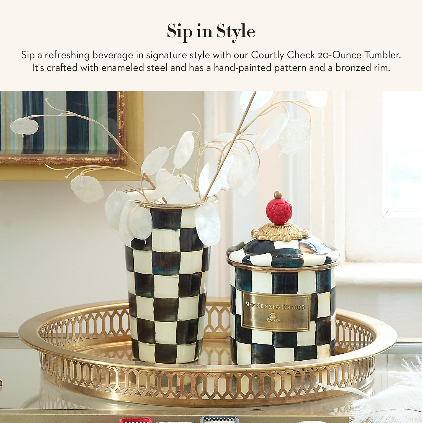 MACKENZIE-CHILDS Enamel Tumbler, Open Tumbler Cup, Cute Enamel Cup, 20 Ounces, Black-and-White Courtly Check