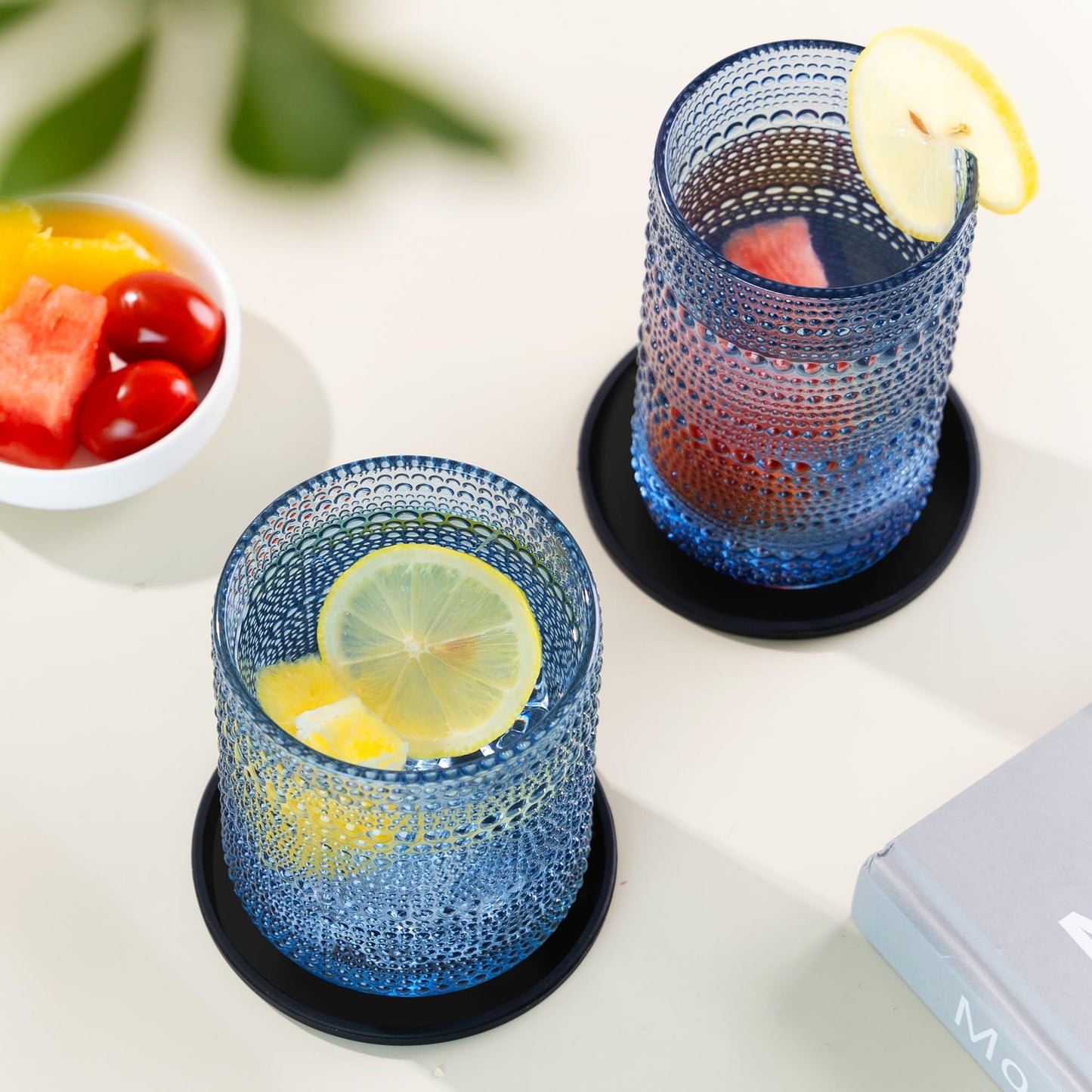 DmmyAlzx Hobnail Drinking Glasses Set of 12 Count, Vintage Glassware, Old Fashioned Glasses, 6 Highball Bubble Drinking Cups 14.5 oz, 6 Rocks Cups 10 oz with 6 Silicone Coasters, Blue