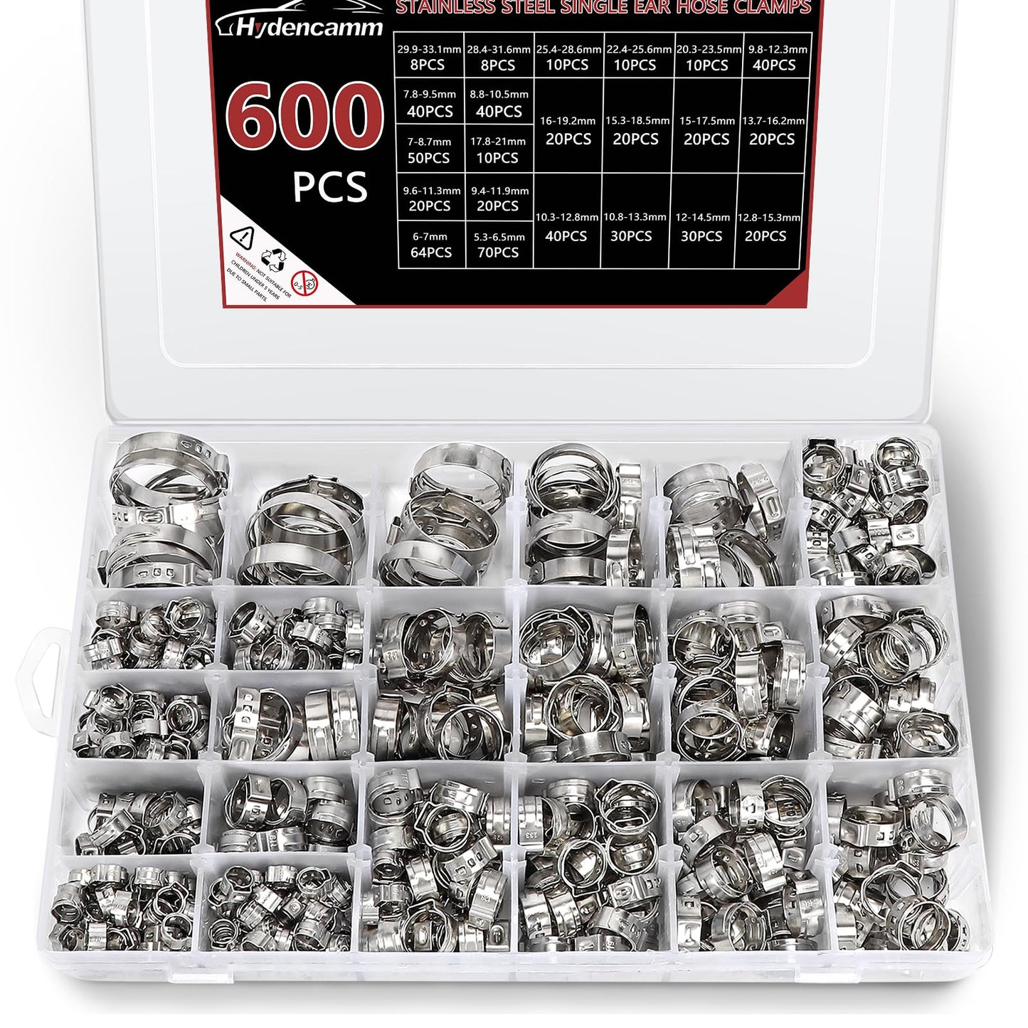 600PCS 22 Sizes Single Ear Hose Clamps, 5.3-33.1mm Crimp Hose Clamps 304 Stainless Steel, Ear Clamp Perfect for Automotive, Home Appliance Line, Pipe Hoses and Industry Use By Hydencamm