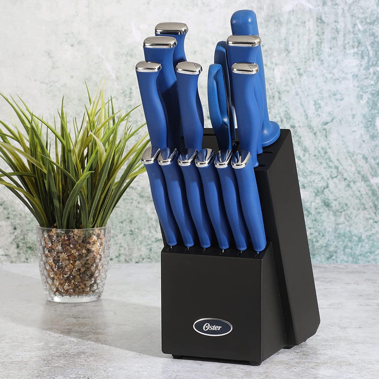 Oster Langmore 15-Piece Stainless Steel Cutlery Knife Block Set with Classic Blue Handles – Full Kitchen Knife Set in Black Storage Box