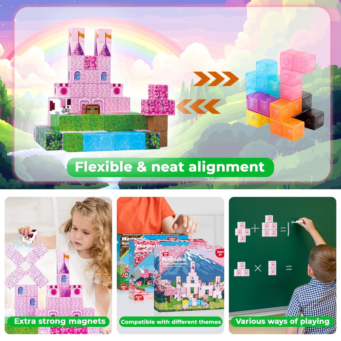 Annexfun Magnetic Blocks-100PCS Magnetic Building Blocks, Princess Castle Building Set, STEM Learning Toys for Kids Ages 3-8
