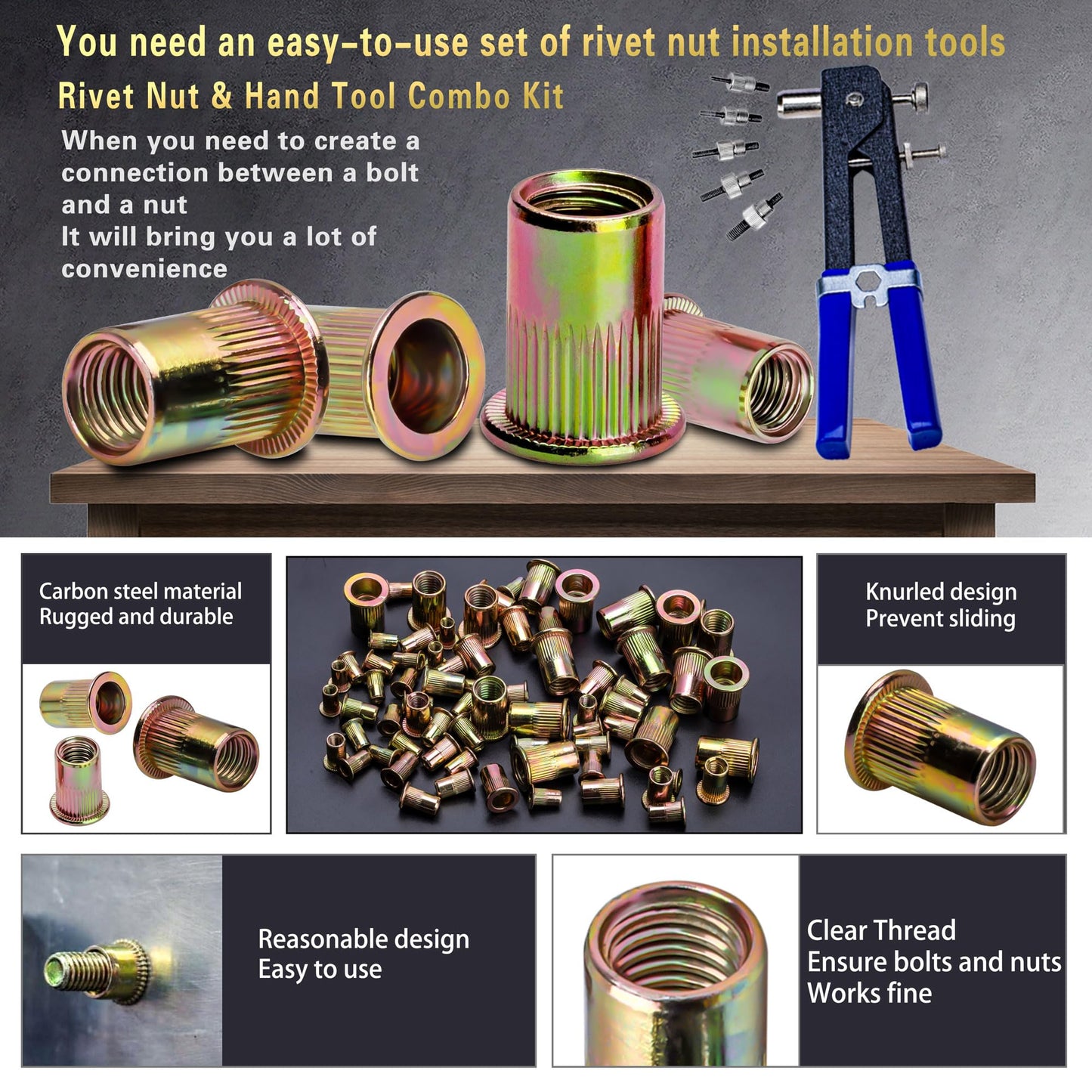 ASKWAY Pressure Rivet Nut Tool Kit, 430Pcs Metric Rivet Nut Combination (M8/M6/M5/M4/M3), Suitable for Furniture, Decoration, Automotive, Marine and Industrial Applications (CarbonSteelRivetNutTool)