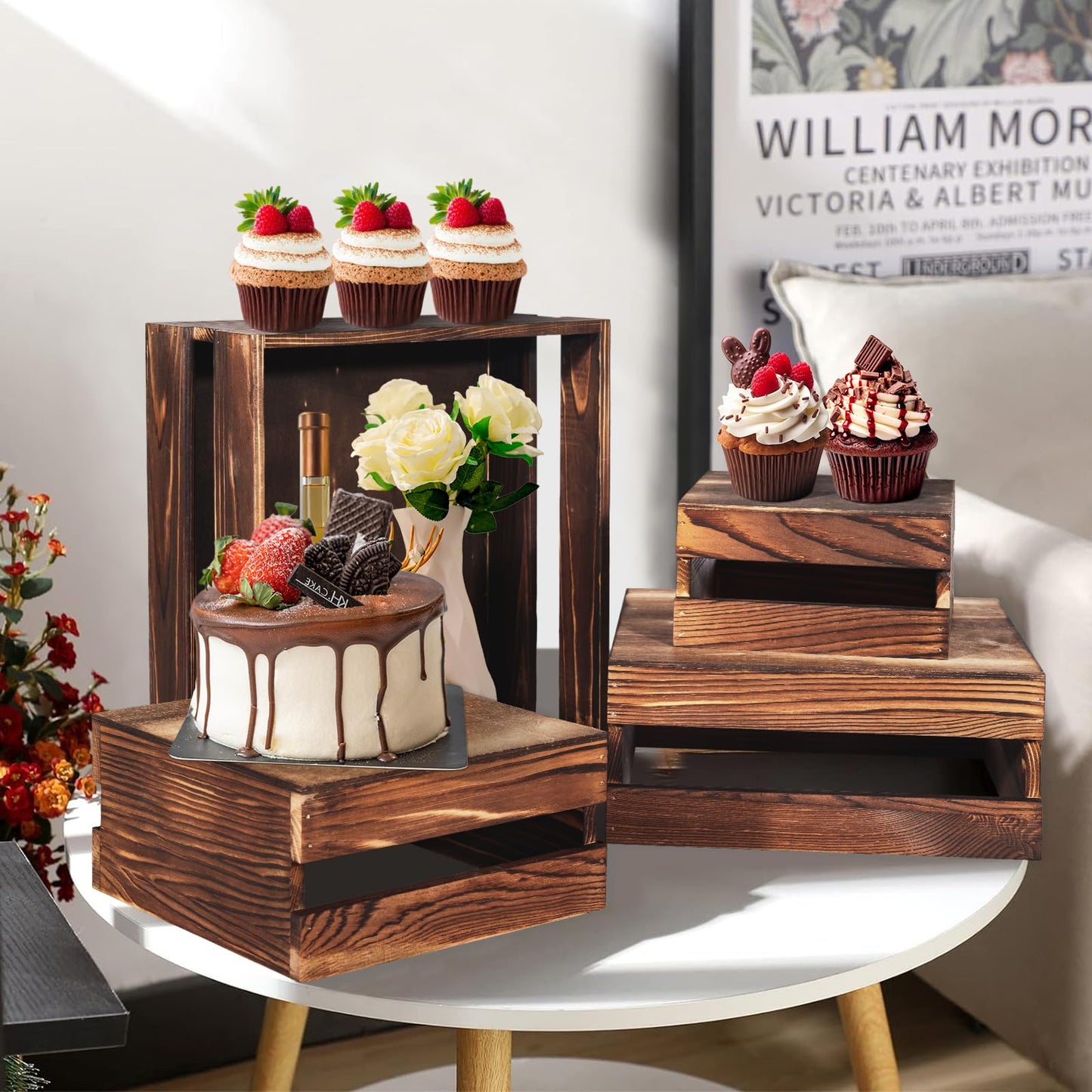 8 Pcs Buffet Risers with Mini Signs, Rustic Wood Cake Stands, Food Risers for Buffet Table, Dessert Display Stand, Wood Crates, Rustic Cake Stand for Party, Wedding, Birthday, Baby Shower, 4 Sizes