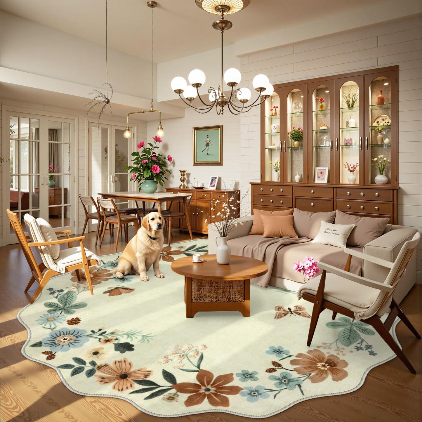 Lahome Floral Washable Round Area Rug, Soft Round Rugs 6ft Ultra-Thin Non-Slip, Boho Large Circle Carpet for Bedroom Living Room Kitchen Nursery, Beige