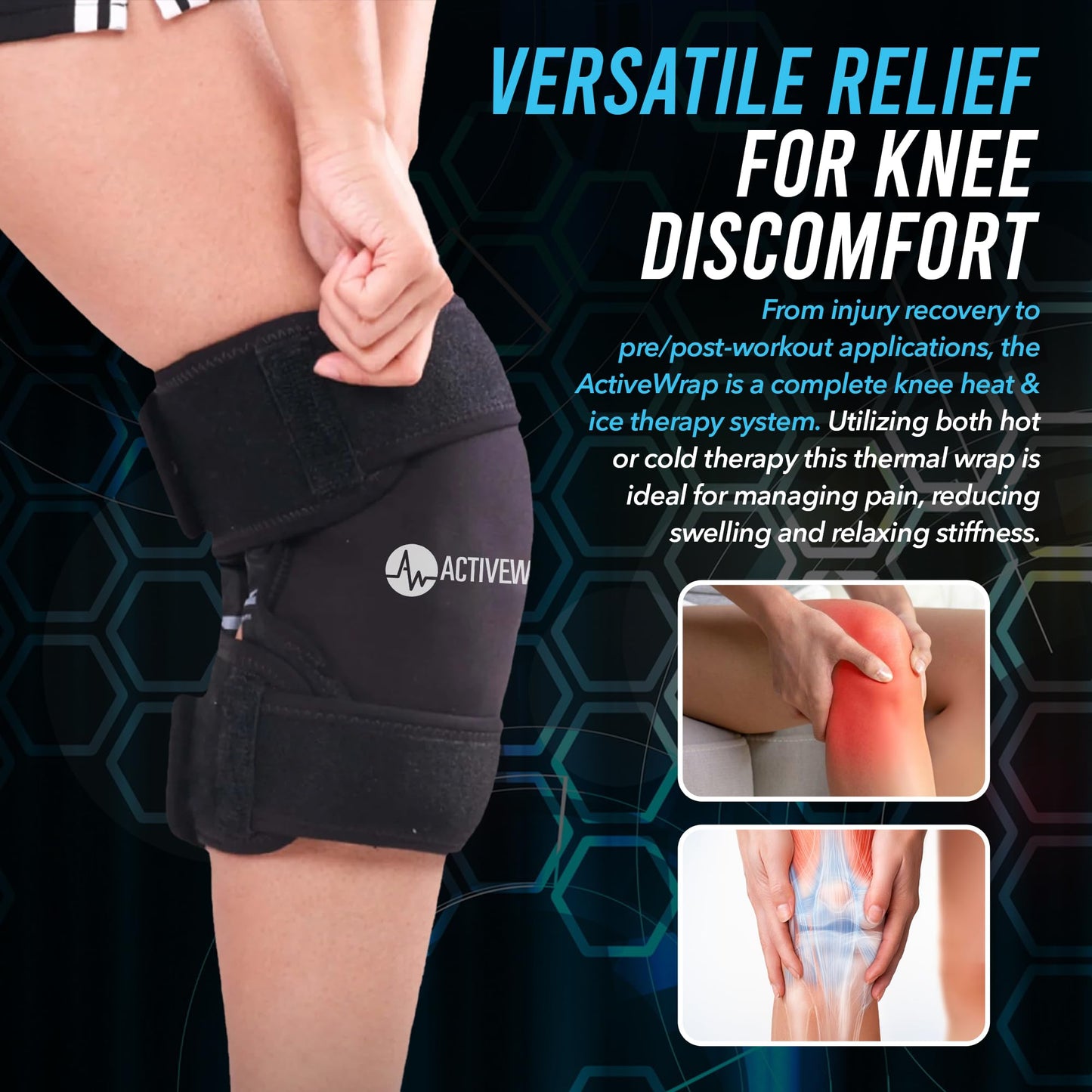 ActiveWrap - Knee Ice Pack Wrap with Compression, 2 Reusable Gel Heat & Cold Packs for Knee Pain, Sore Legs & Shin Splints. Flexible Cold Wrap for Injury and Swelling Control & Joint Support - One Size Fits Most