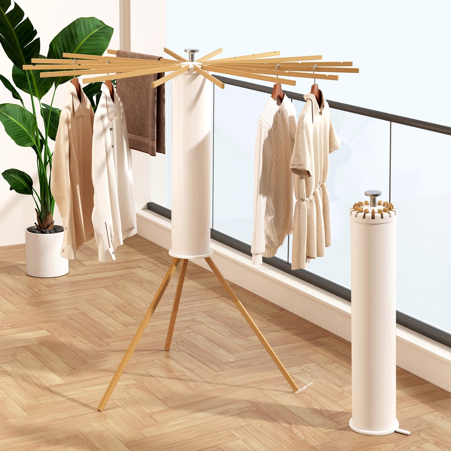 BAZANADI Heavy-Duty Wooden Tripod Clothes Drying Rack, 16 Rods, Large Capacity, 360° Airflow Umbrella Dryer, Foldable Space-Saving Floor Stand for Indoor Outdoor Use