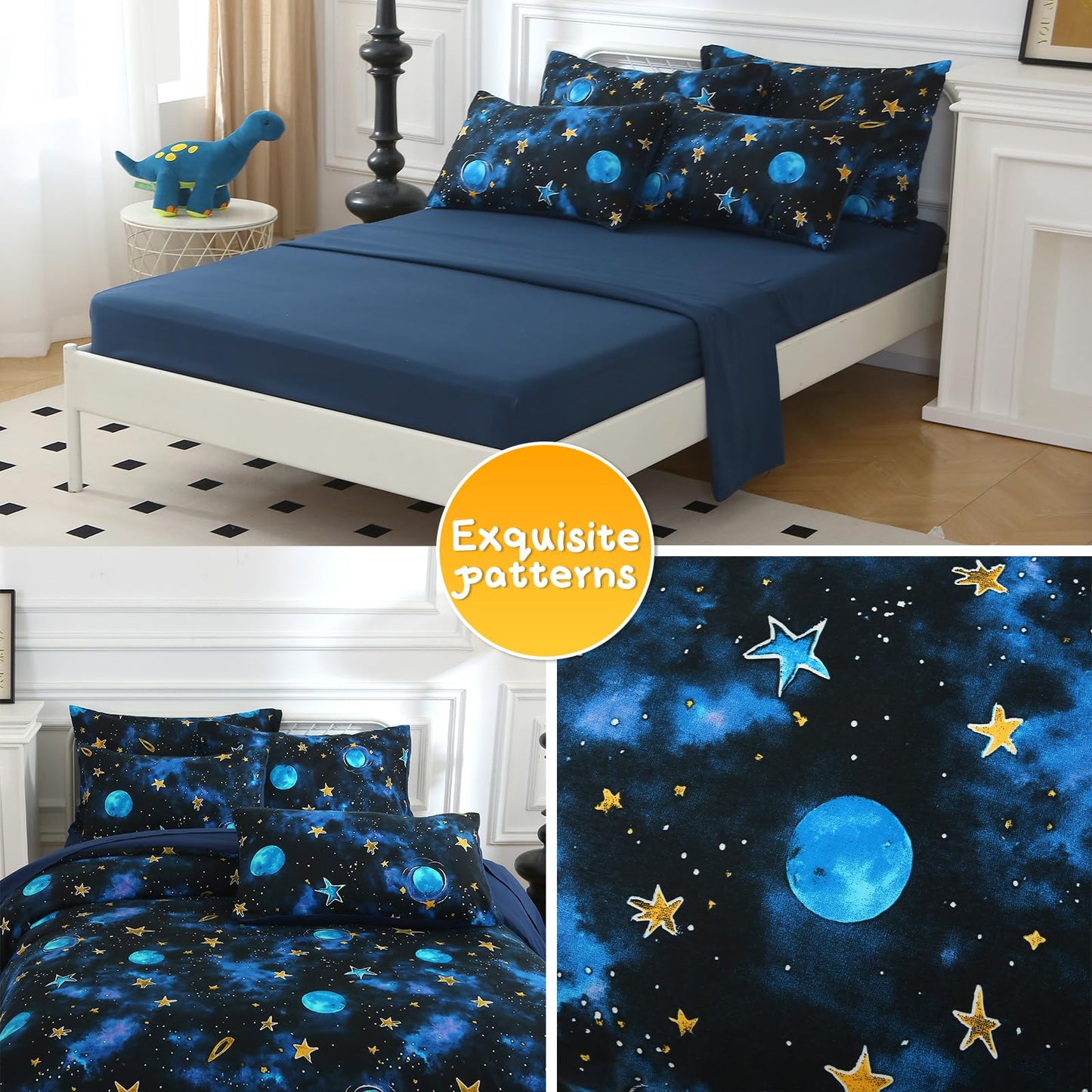 Aqzuxira Glow in The Dark Kids Comforter Set, 5 Pieces Blue Space Bedding Set Twin Size for Boys Girls Teen, 1 Comforter, 1 Pillowcase, 1 Pillow Sham, 1 Flat Sheet, 1 Fitted Sheet
