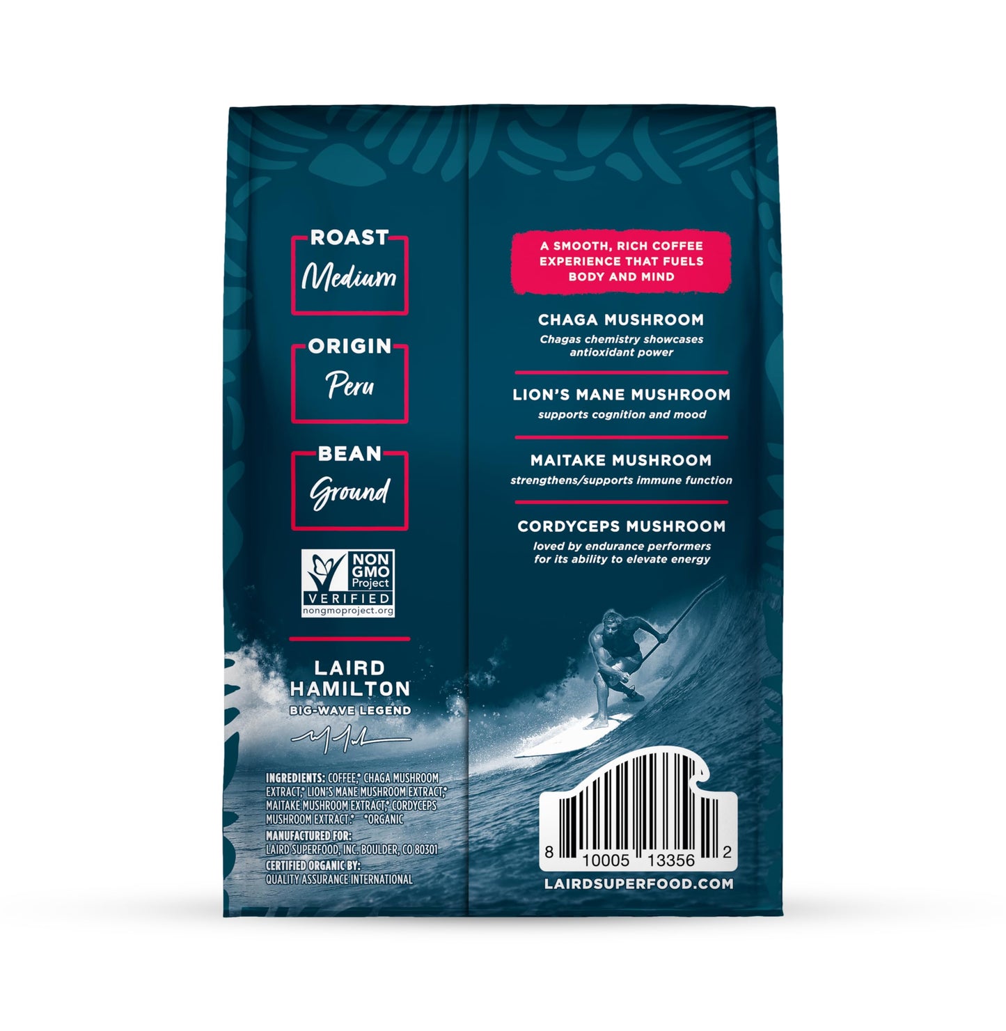 Laird Superfood Peruvian Medium Roast Coffee with Functional Mushrooms, Certified Organic Peruvian Ground Coffee Beans, Gluten-Free, Dairy-Free, Non-GMO, Paleo, Keto Friendly, 32 oz. Bag