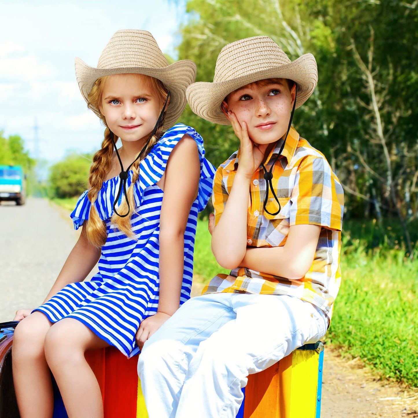 48 Pcs Kids Cowboy Hat Bulk Western Party Straw Cowboy Cowgirl Sun Hat Set with Lanyard for Children Boy Girl Party Costume Accessories