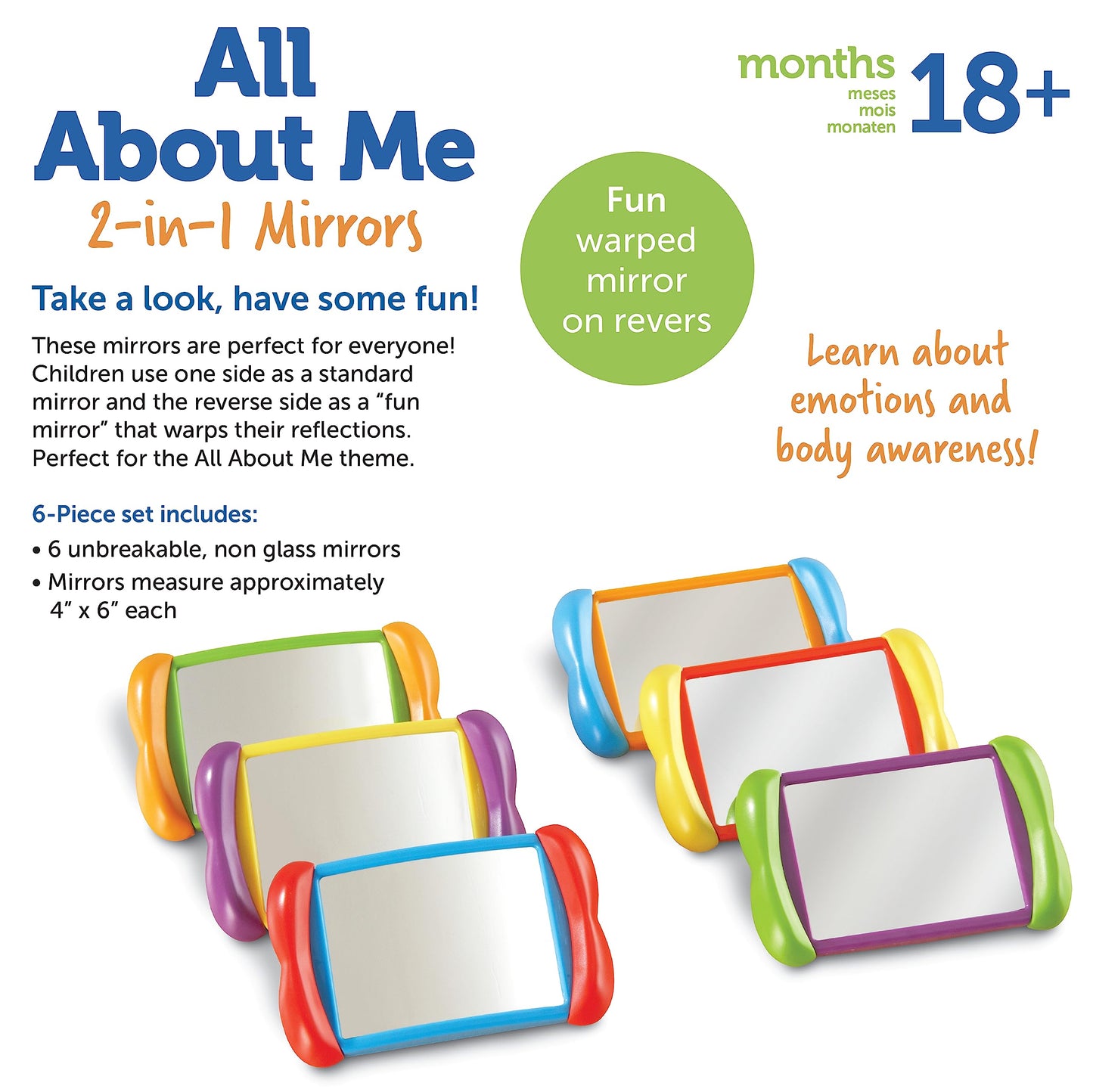 Learning Resources All About Me 2-in-1 Mirrors, Set of 6 - Feelings Mirror for Kids, Social Emotional Toys, Toddler Emotional Regulation Tools, Classroom Mirrors for Kids, Calm Down Corner Supplies