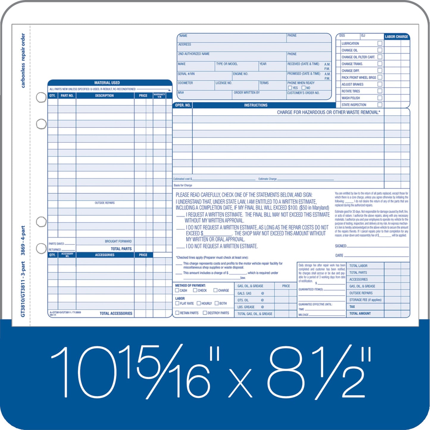 Adams Garage Repair Order Forms, 8.5 x 11 Inch, 3 Parts, 250-Count, White and Canary and White Tag (GT3811)