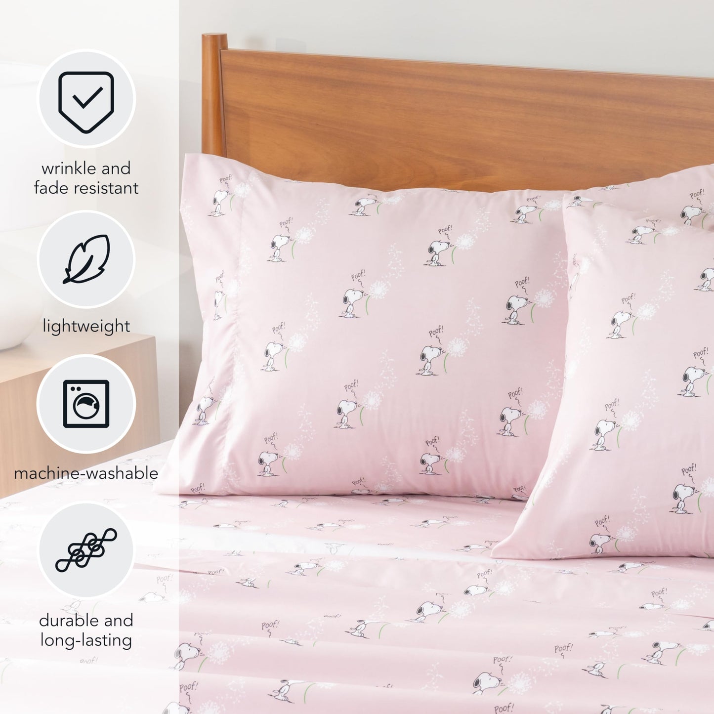 Berkshire Blanket Peanuts® Kids Sheet Set Queen Size - 4 Pieces,Cute Character Snoopy Printed Soft Microfiber Bed Sheets,Peanuts Make A Wish Spring Pink