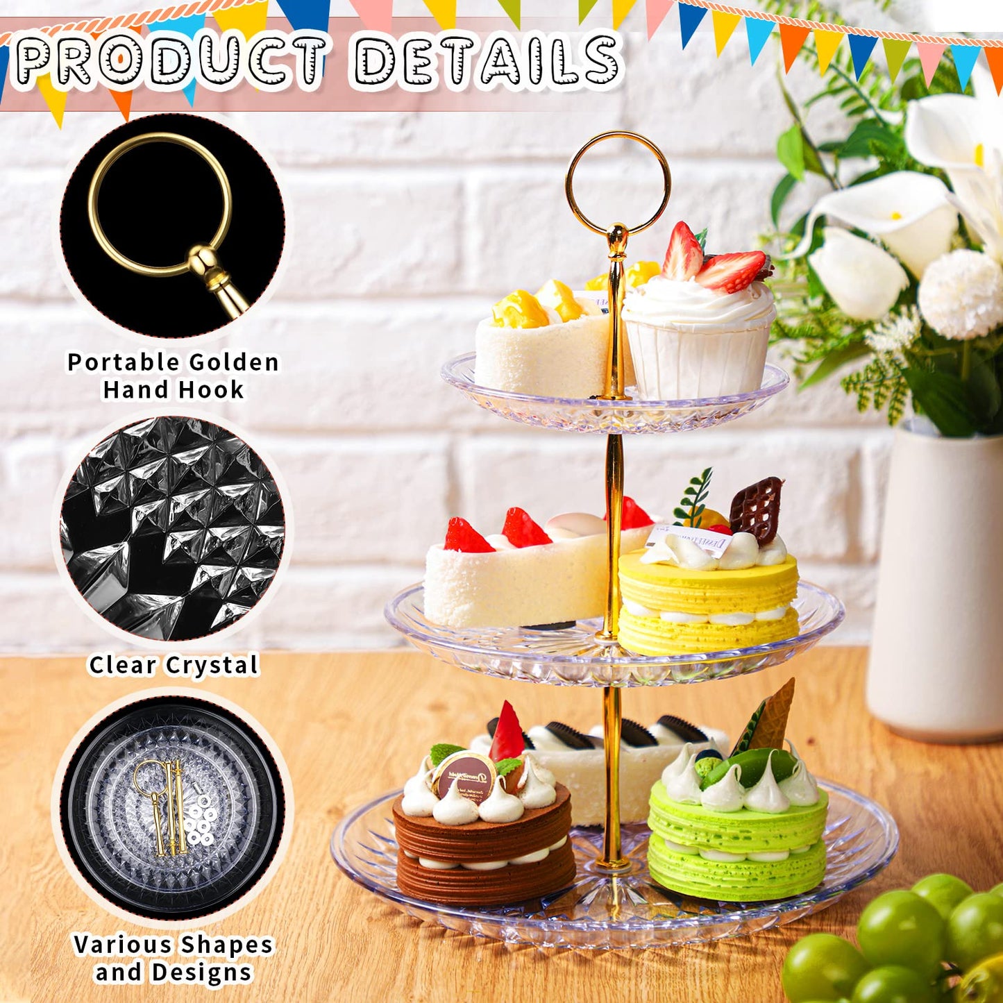 Patelai 8 Packs 3 Tier Crystal Acrylic Clear Cake Stand with Gold Round Holder Acrylic Cupcake Stand Holder for Home Wedding Holiday Birthday Baby Shower Tea Party (Clear)