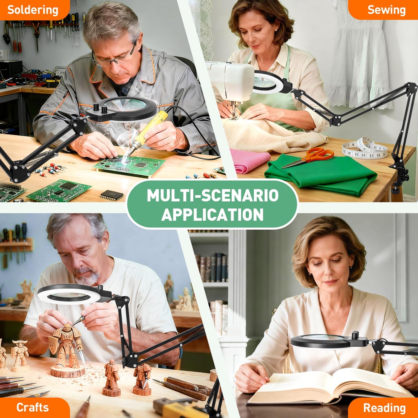KMDES 12X Magnifying Glass with Light and Stand, Extended Long Arm Magnifying Lamp for Close Work, Craft, Sewing, Workbench, Repair, Knob Lighted Magnifier Desk Light Adjustable Color and Brightness
