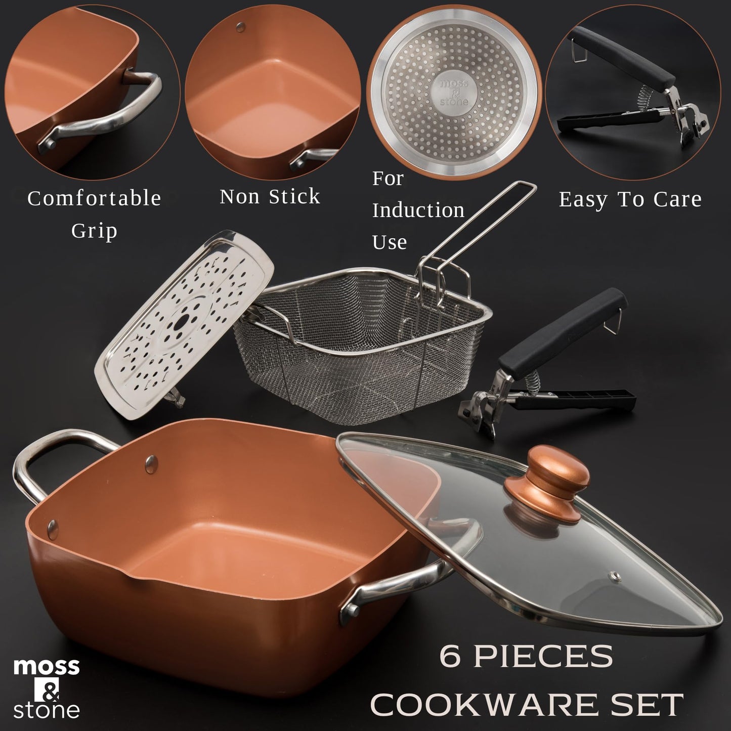 Moss & Stone 6 Pcs Copper Chef Cookware Non Stick Deep Frying Pan 9.5" x 3.5", Fry Basket, Steamer Rack, Dishwasher & Oven Safe, 5 Qt Deep Square Pot & Non Stick Pan, Induction Copper Cookware Set