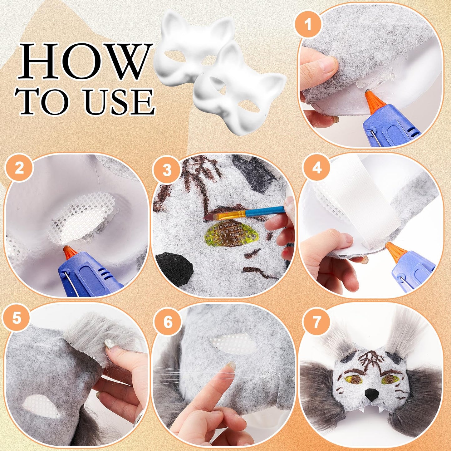 Seenelling 33 Pcs Therian DIY Mask Kit for Beginners Including Blank Cat Mask Faux Fur Fabric Felt Fabric Plastic Mesh Sheet(Warm Colors)