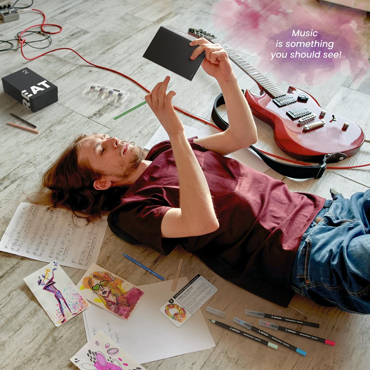 ARTEZA Creative Kickstarter: Art Exploration Set - Passports with Gel Pens, Watercolors, Acrylic Paints, Brushes, and More, Phased Art Journey, 60 pcs