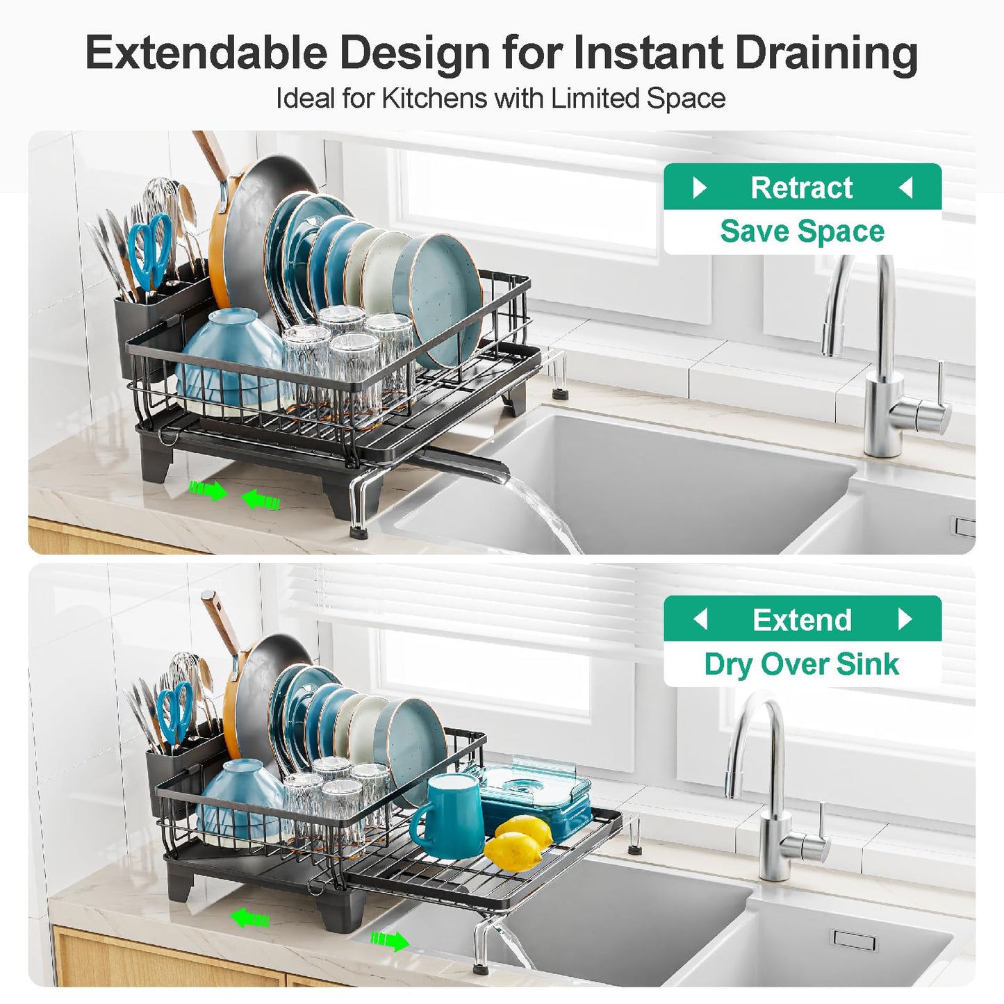 GSlife Extendable Dish Drying Rack - Large 2-in-1 Dish Racks for Kitchen Counter or Over Sink, Anti-Rust Dish Drainer with Drainboard, 2 Pan Slots and Utensil Holder, Black