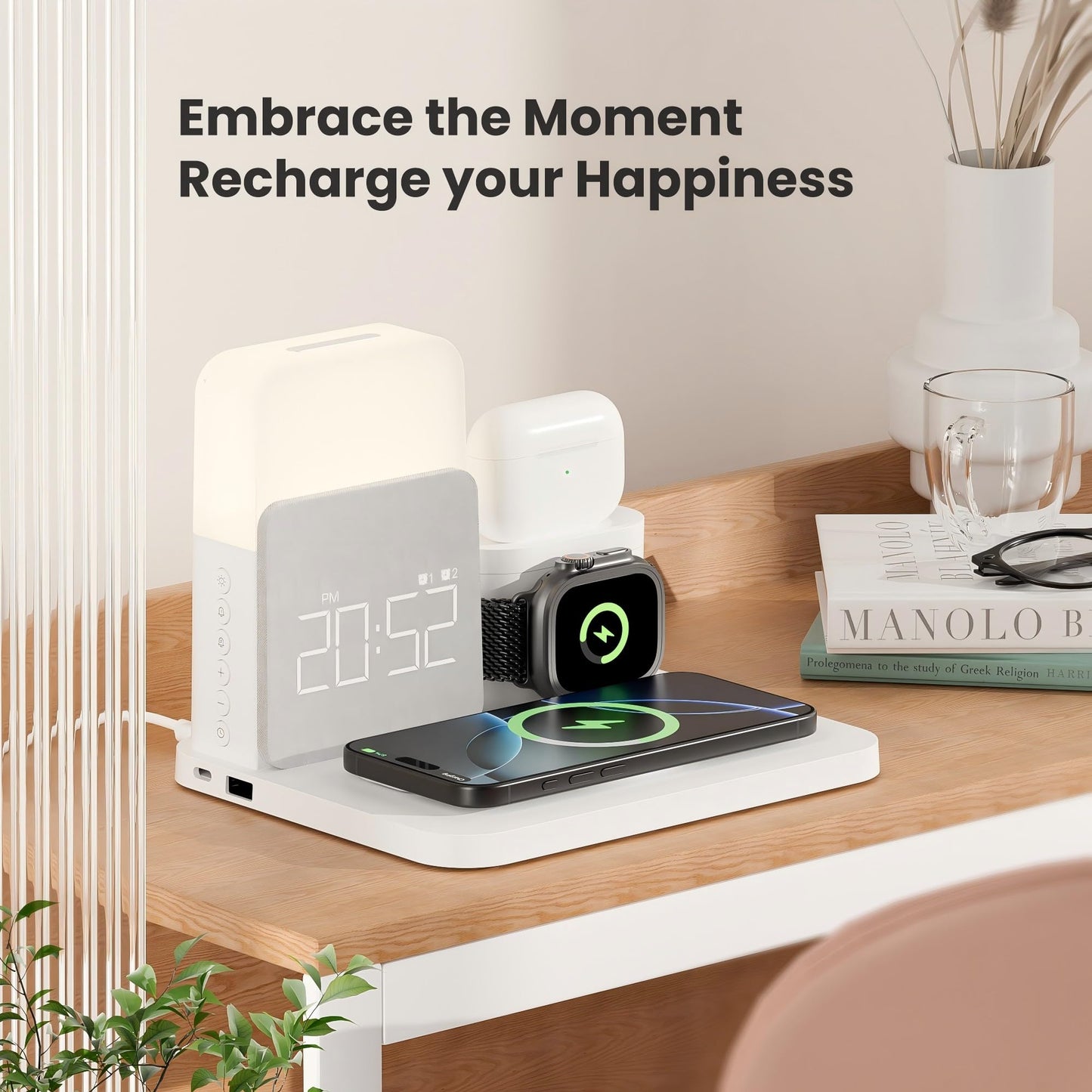 Alarm Clock with Wireless Charger for Bedrooms, 7 in 1 Wireless Charging Station, Mag-Safe Charger with Night Light Bedside Clock for iPhone 16 15 14 13 12 Pro Max, Apple Watch, AirPods