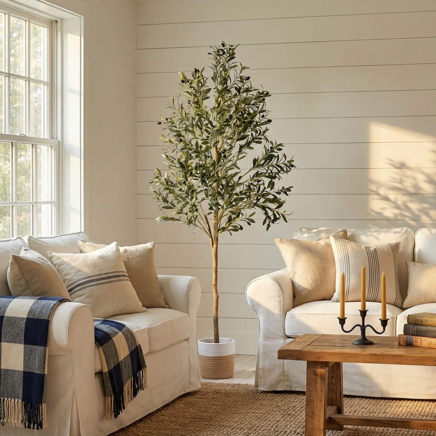 BAXAM 6ft Dense Leaves Artificial Olive Tree with Woven Basket - Realistic Faux Olive Tree for Living Room, Office & Home Decor - Large&Tall Indoor Floor Plant,Aesthetic Silk Plants