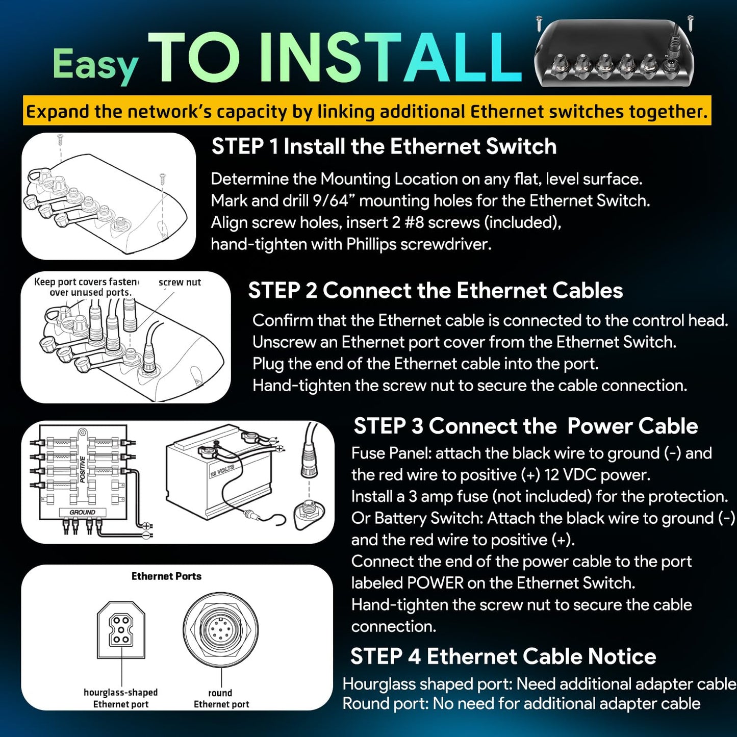 408450-1 5 Port Ethernet Switch, Replacement for Humminbird AS ETH 5PXG Network Switch Hub Waterproof for All Helix 7/8/9/10/12/15, G4N, G3N, G2N, APEX, SOLIX, Onix, ION Models, Black