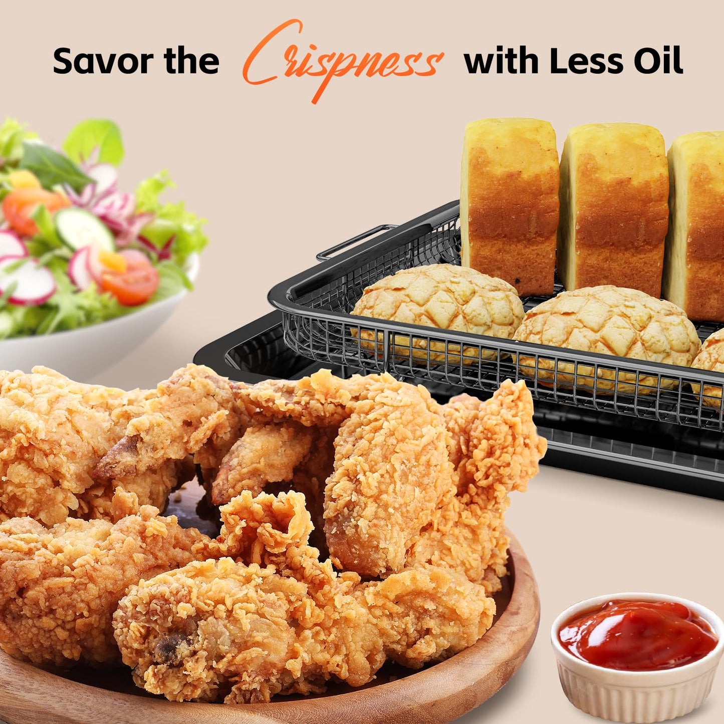 Air Fryer Basket, 2 Set Oven Air Fryer Basket and Tray with 60 PCS Parchment Papers, DEGOVIN Crisper Tray Non-stick Stainless Steel Air Fry Pans for Convection Oven(14.88"×10.98"& 13"× 9.7"-Black)
