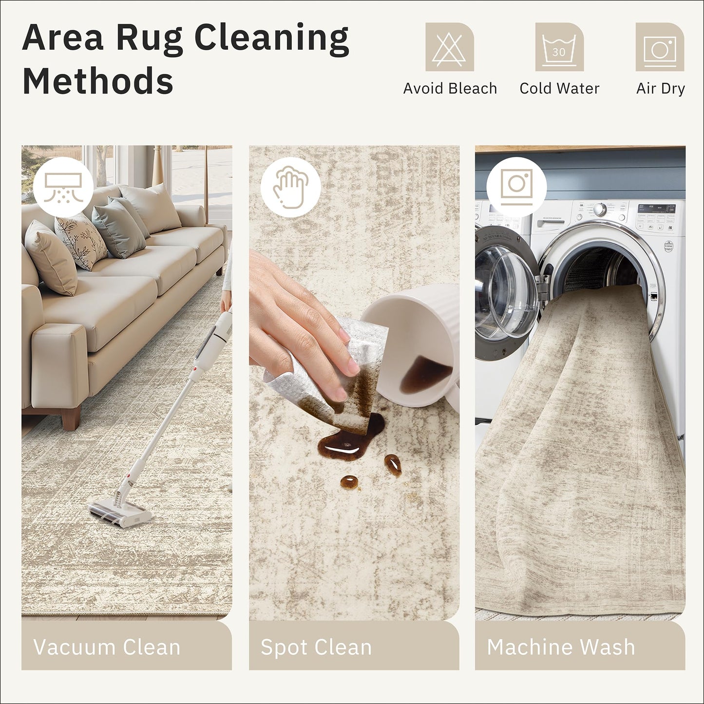 Soalmost 5x8 Area Rugs Beige Low Pile Indoor Washable Trendy Faded Style Rugs for Bedroom Living Room Dining Room Foldable Non-Slip Thin Print Home Office Mat