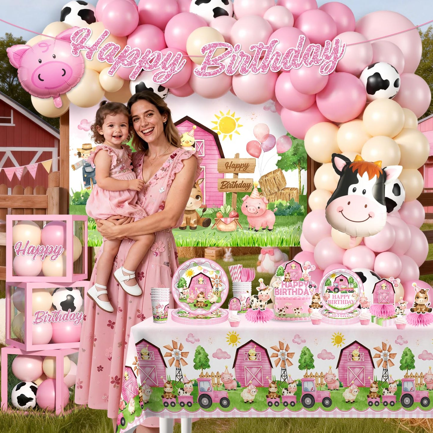 Fexivo 313pcs Farm Birthday Decorations for Girl, Worry-free One-stop Set for 25 Guests, with Thick Plates Banner Centerpieces and Cupcake Toppers, Easy Setup for Farm Themed Party