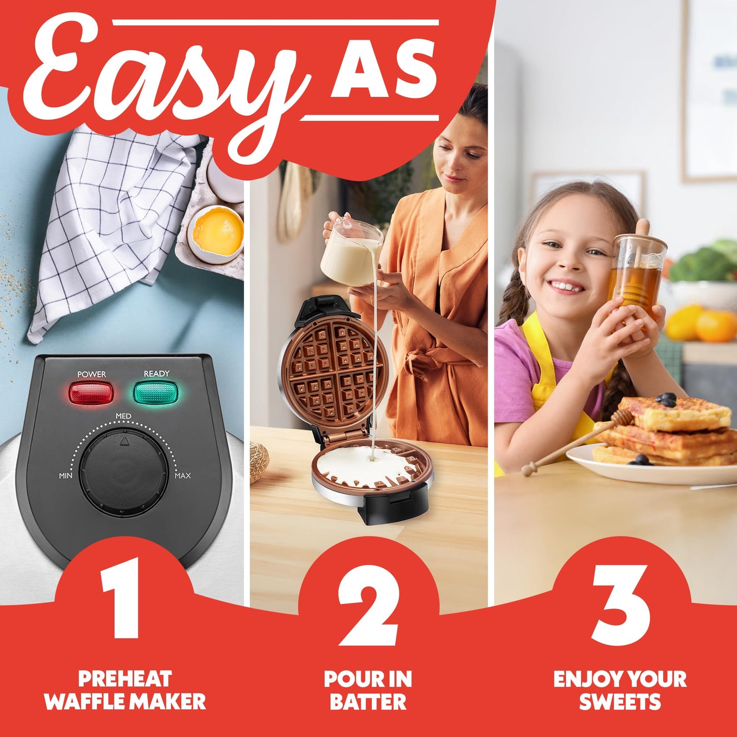Gourmia Belgian Waffle Maker – Adjustable Browning Control, Nonstick Plates, Ready & Power Indicator Lights, Compact Upright Storage, Cool-Touch Handle
