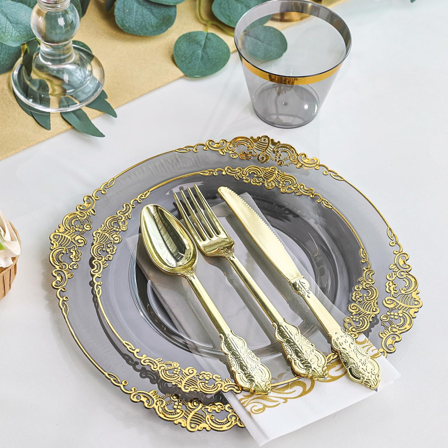 175 PCS Clear Black and Gold Plastic Dinnerware Set for 25 Guests, Disposable Fancy Dinner Plates with Gold Rim for Wedding Party, 25 Dinner and Dessert Plates, 75 Silverware, 25 Cups, 25 Napkins