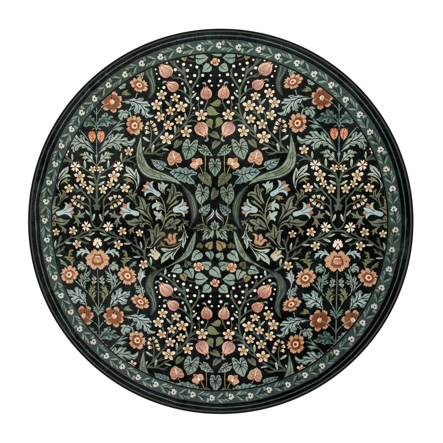 Moynesa Floral Round Area Rugs 6ft, Washable Boho Round Living Room Rug, Non Slip Soft Large Circle Rugs for Dining Room, Botanical Ultra Thin Floor Carpet for Bedroom Kitchen, Black