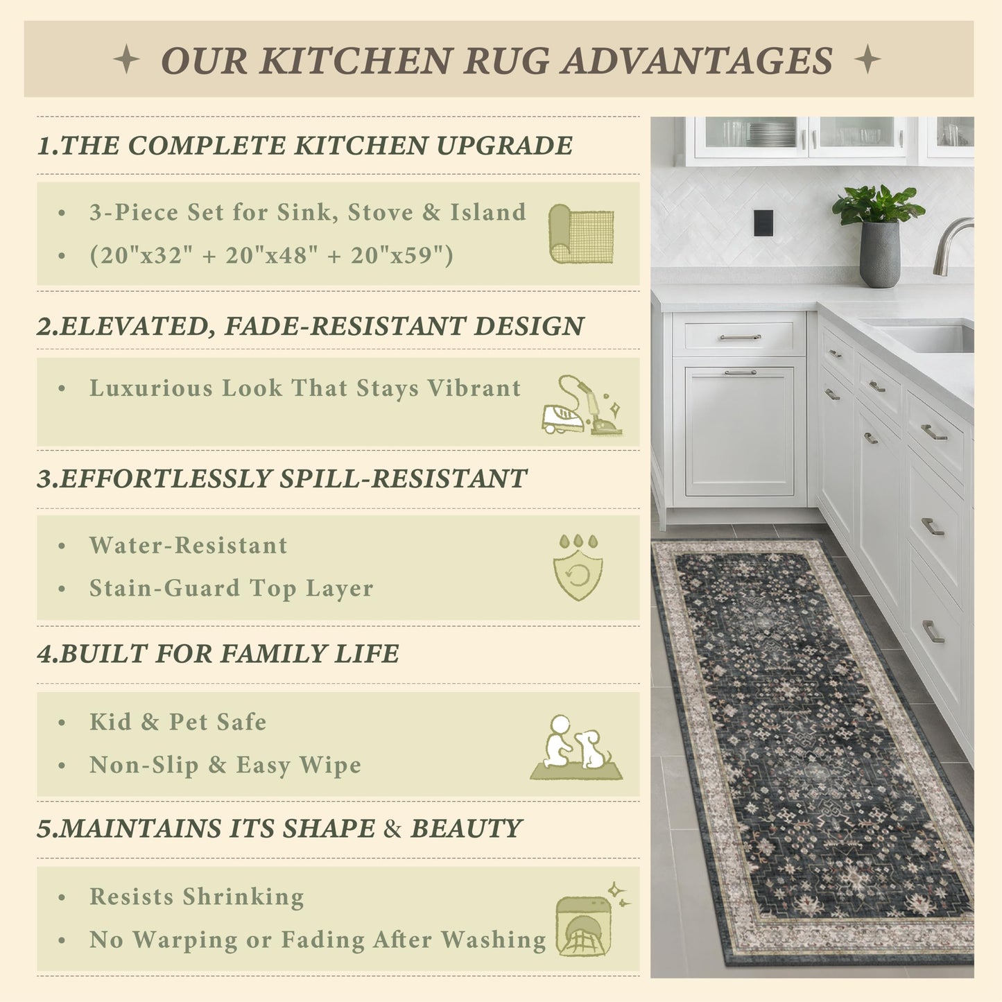 Black Boho Kitchen Rugs Set of 3, Non-Slip Machine Washable Kitchen Floor Mats, Low-Pile Runner Rug for Sink, Entryway, Bathroom, Laundry Room, Bedroom, Vintage Farmhouse Design