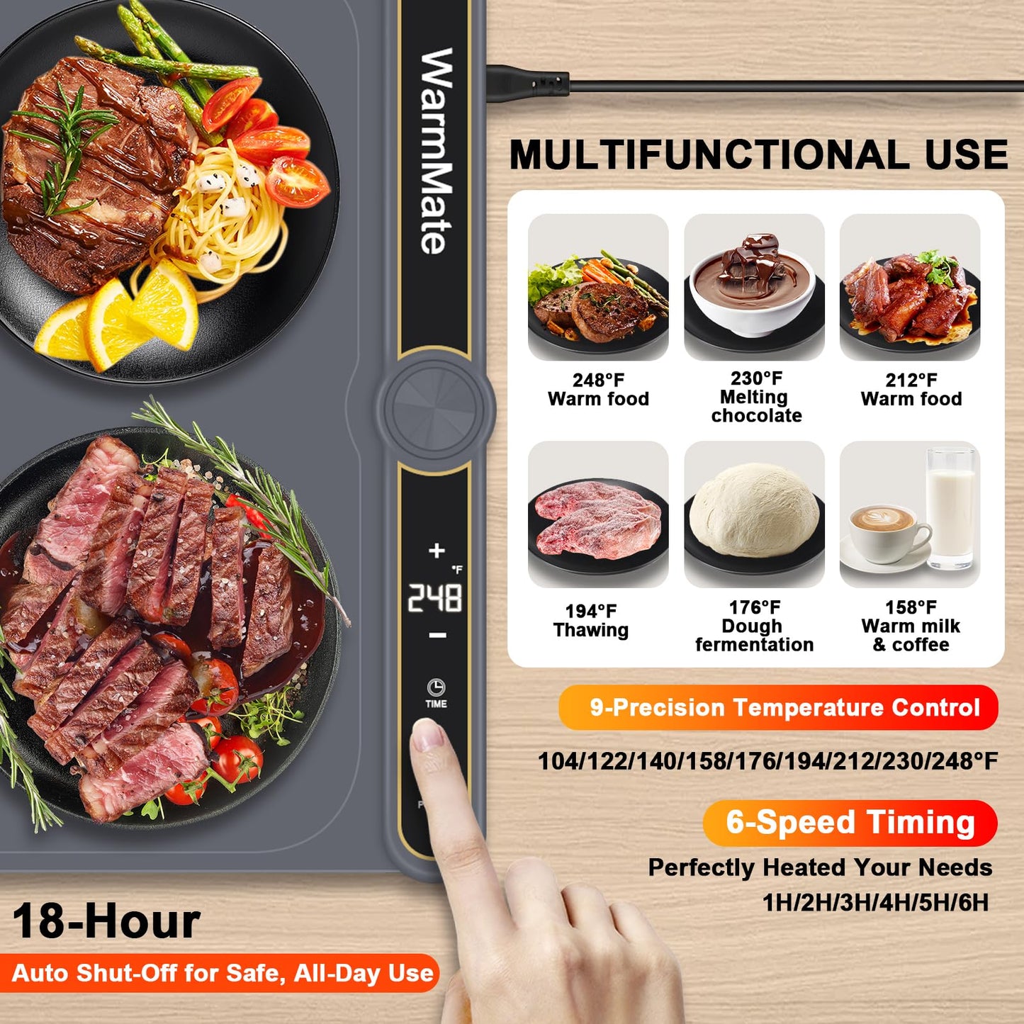 WarmMate Food Warming Mat,Electric Warming Tray with 9-Level Temperature Precision Control, 6H Timer,8s Full Surface Rapid Heating, Ideal for Buffets, Parties & Gatherings (Roll-Up Design,Dark Grey)