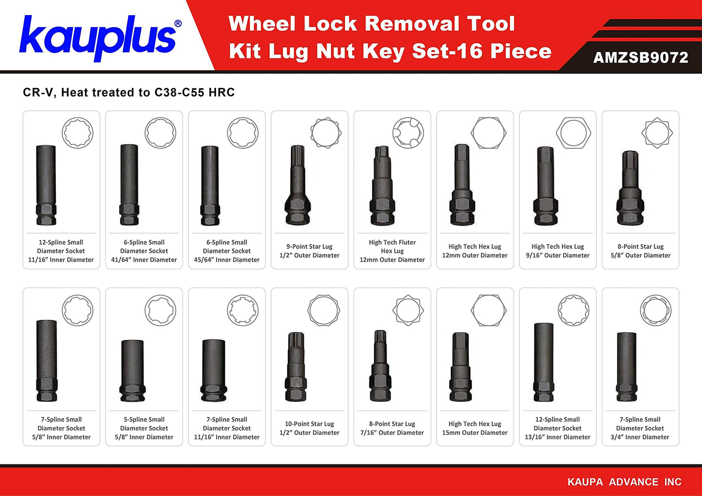 kauplus 16PCS Master Wheel Locking Lug Key Set, Wheel Lock Removal Kit