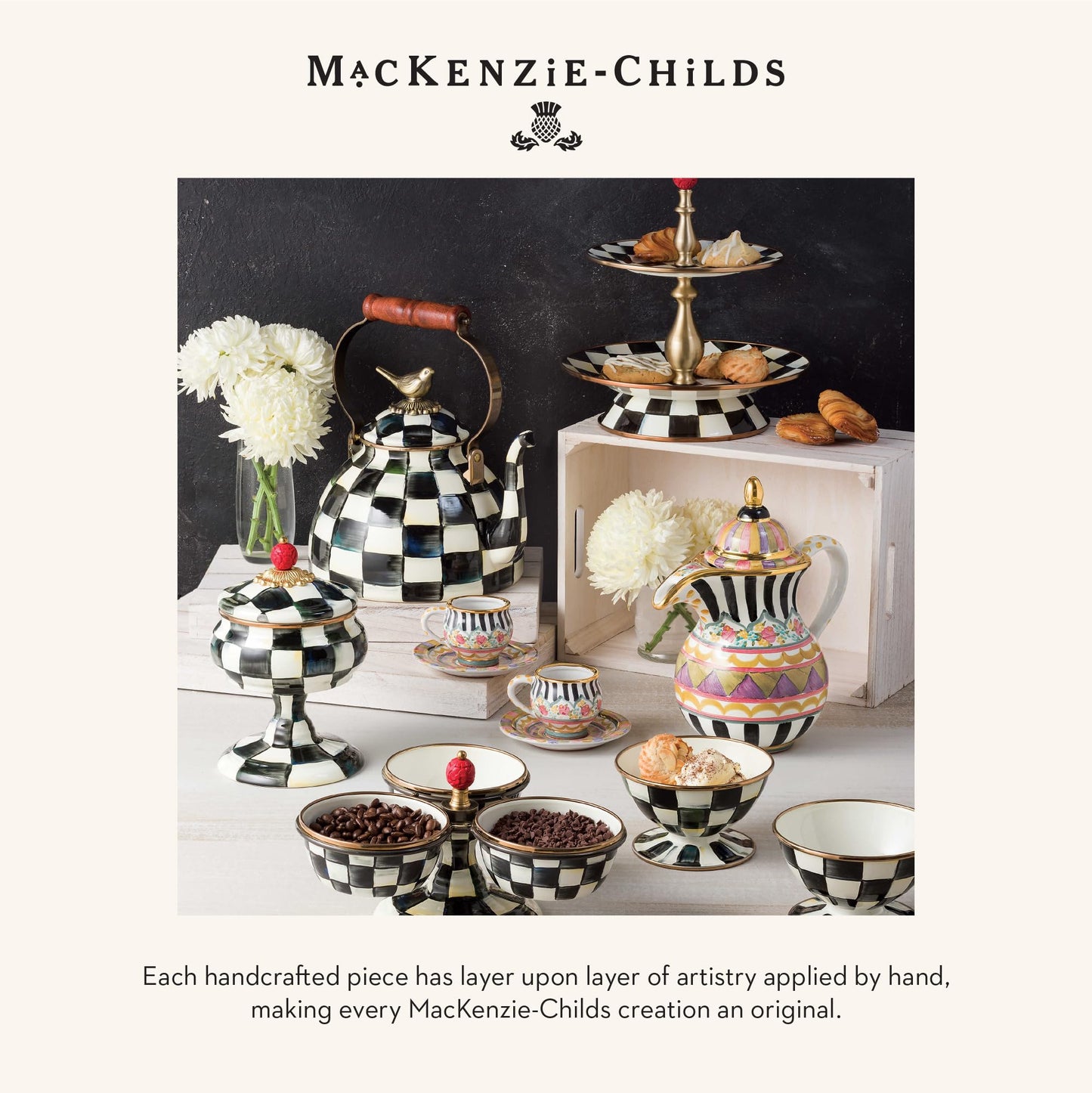 MACKENZIE-CHILDS Farmhouse Oil Cruet, Ceramic Oil-Dispenser Bottle, Black-and-White Courtly Check