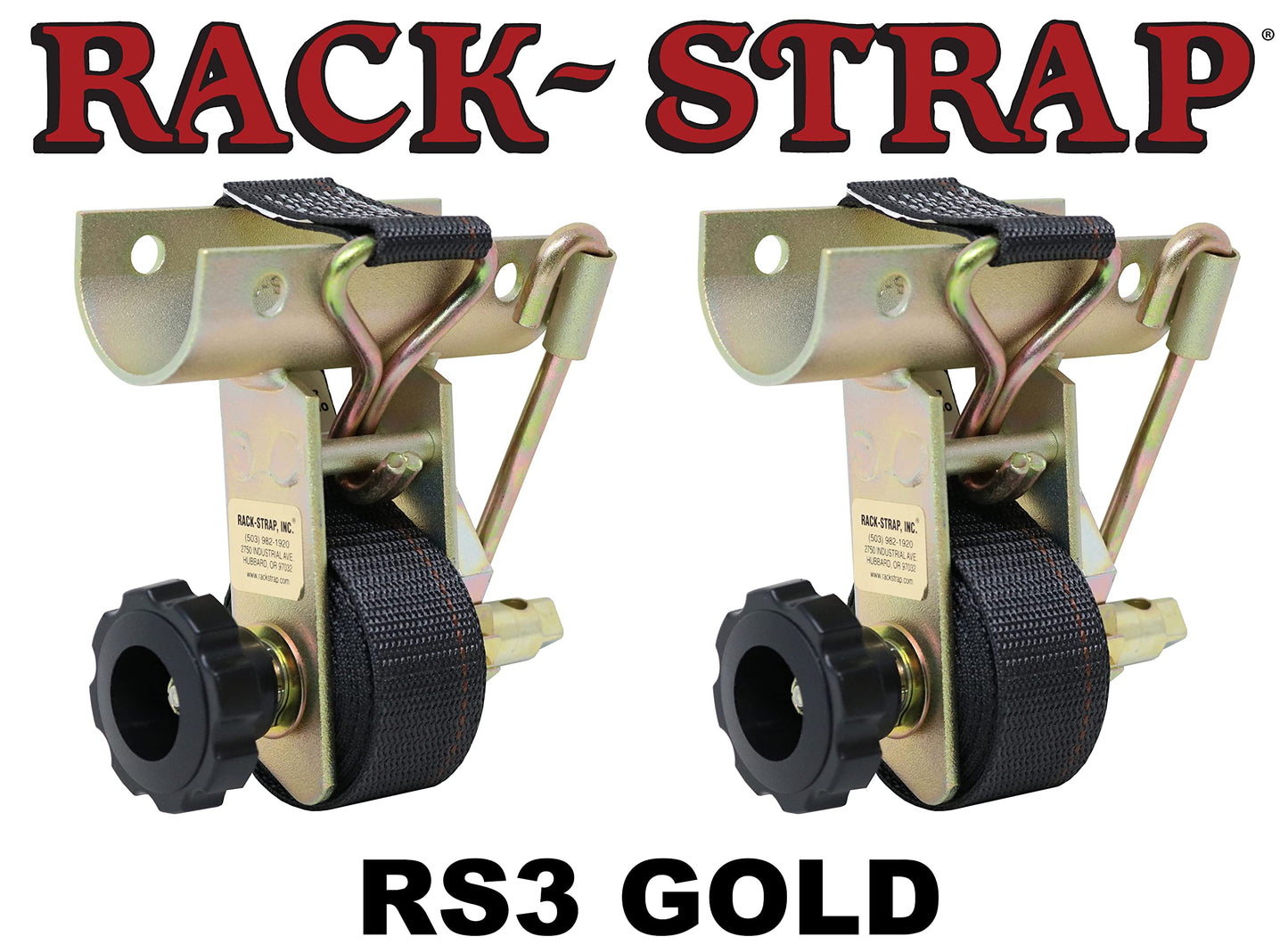 2 Pack, Rack-Strap, The Original American Made Ladder Rack Tie-Downs, Round Mounting Bracket, RS3 Gold 2 Inch Diameter Round Mounting Bracket, Bolt Mounting Hardware Included, 8 Foot Black Strap
