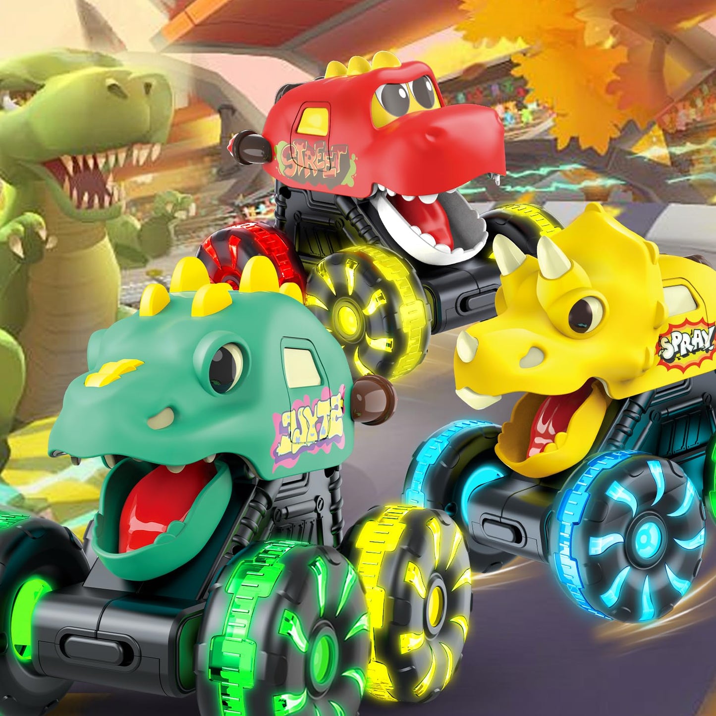Monster Truck Toys Dinosaur Cars for Toddlers 1-3, Press and Go Cars Truck Toys for 1 2 3 Year Old Boys Girls Gift, Light Up Boy Toy Dinosaur Cars for 1 2 3 One Two Year Old Boy Birthday Gifts (Small)