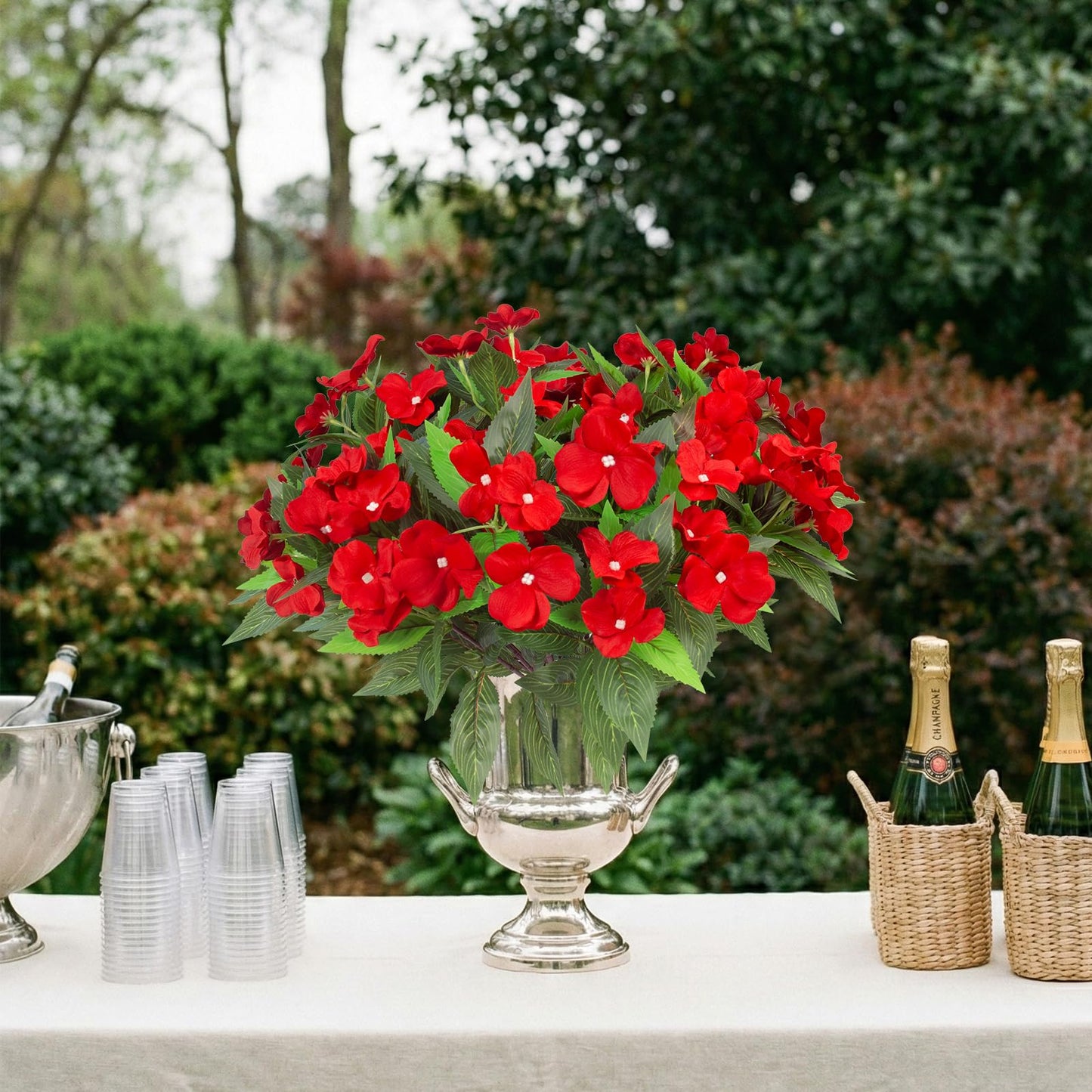 Daynight 8 Pcs Artificial Impatiens Flowers for Outdoor Flowers UV Resistant Faux Red Flowers Impatiens Bushes Silk Artificial Flowers Bouquet for Patio Garden Porch Decor. (8, Red)