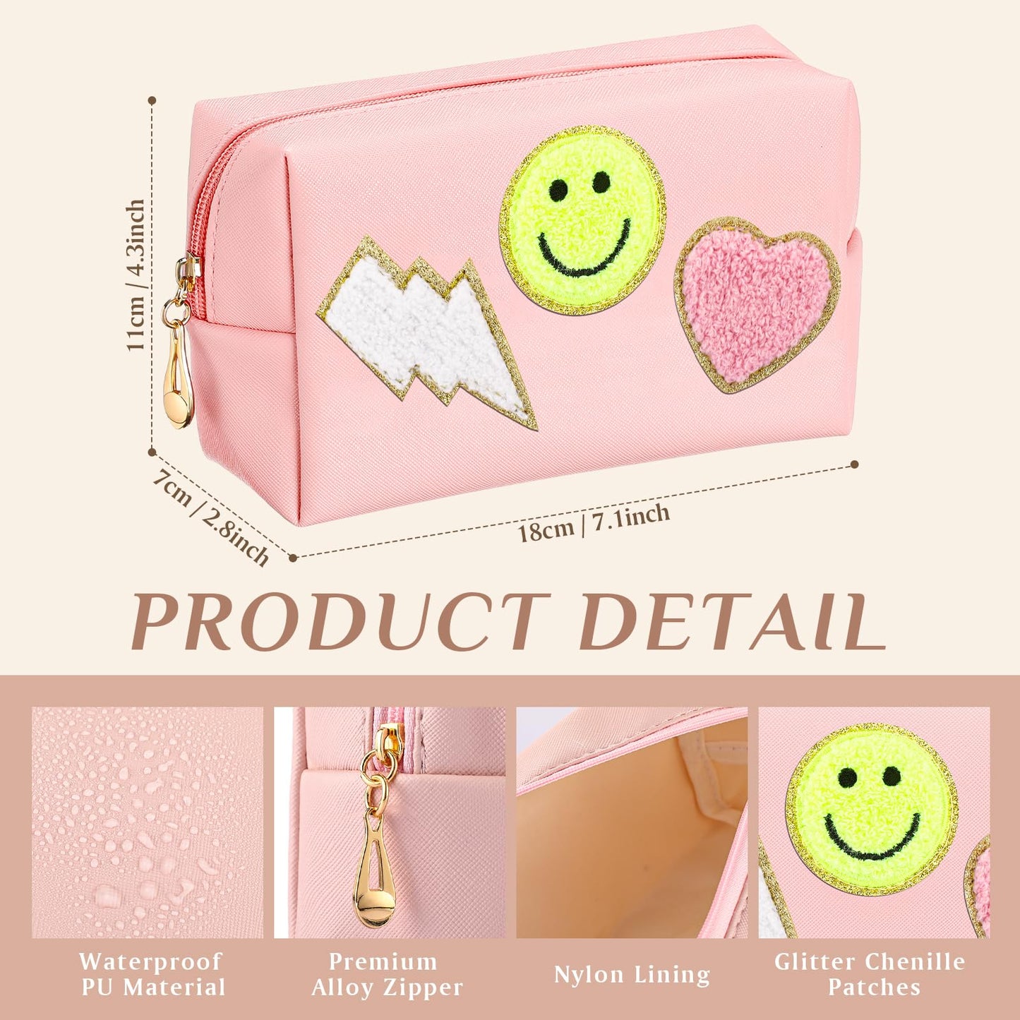 Sanwuta 20 Pieces Preppy Patch Makeup Bag Bulk Chenille Letters Bags PU Leather Aesthetics Cosmetic Organizer Smile Lightning Heart Toiletry Pouch Portable Waterproof Zipper Storage Purse for Women