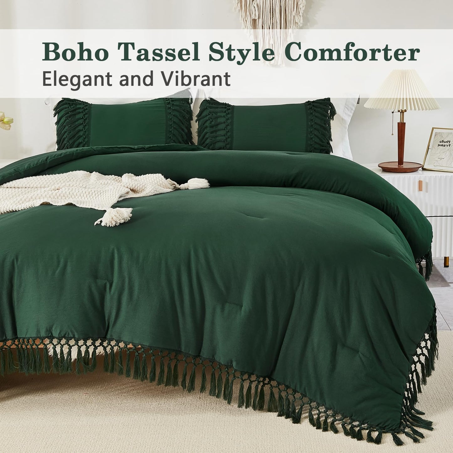 Andency Emerald Comforter Set California King, 3 Pieces Boho Tassel Lightweight Soft Bedding Comforter Sets for King Bed, All Season Fluffy Fringe Bed Set (104x96In Comforter & 2 Pillowcases)