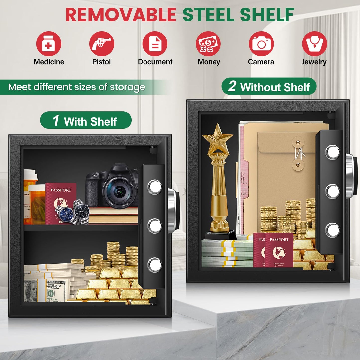 2.0 Cuft Biometric Safe Box, Fireproof Safe for Home with Digital Keypad and Spare Keys, Safety Box for Money, Documents, and other Valuables