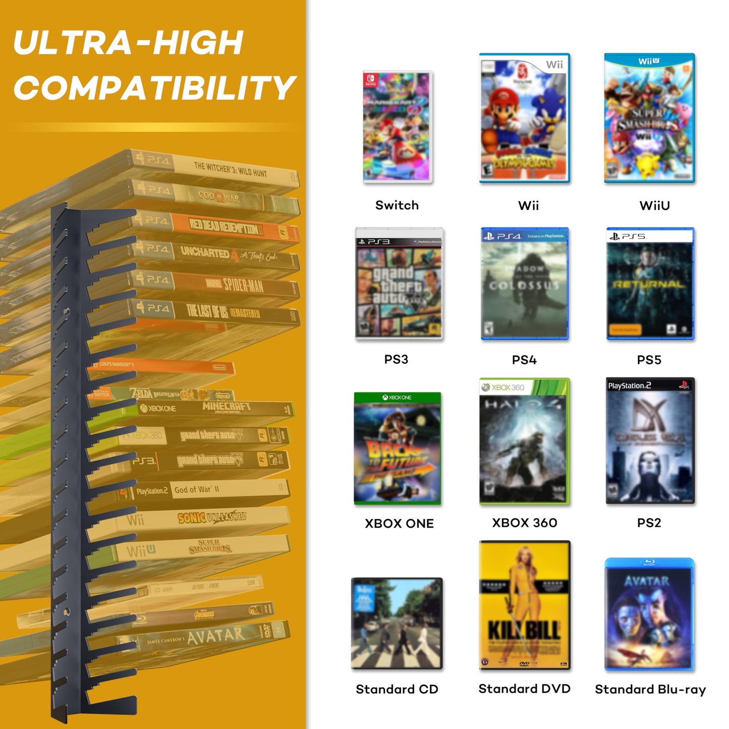 Funturbo Video Game Storage Wall Mount Game Case Holder, Metal Wall Mounted Media Storage Shelves for PS, Xbox, Switch Game Organizer (4-Pack)