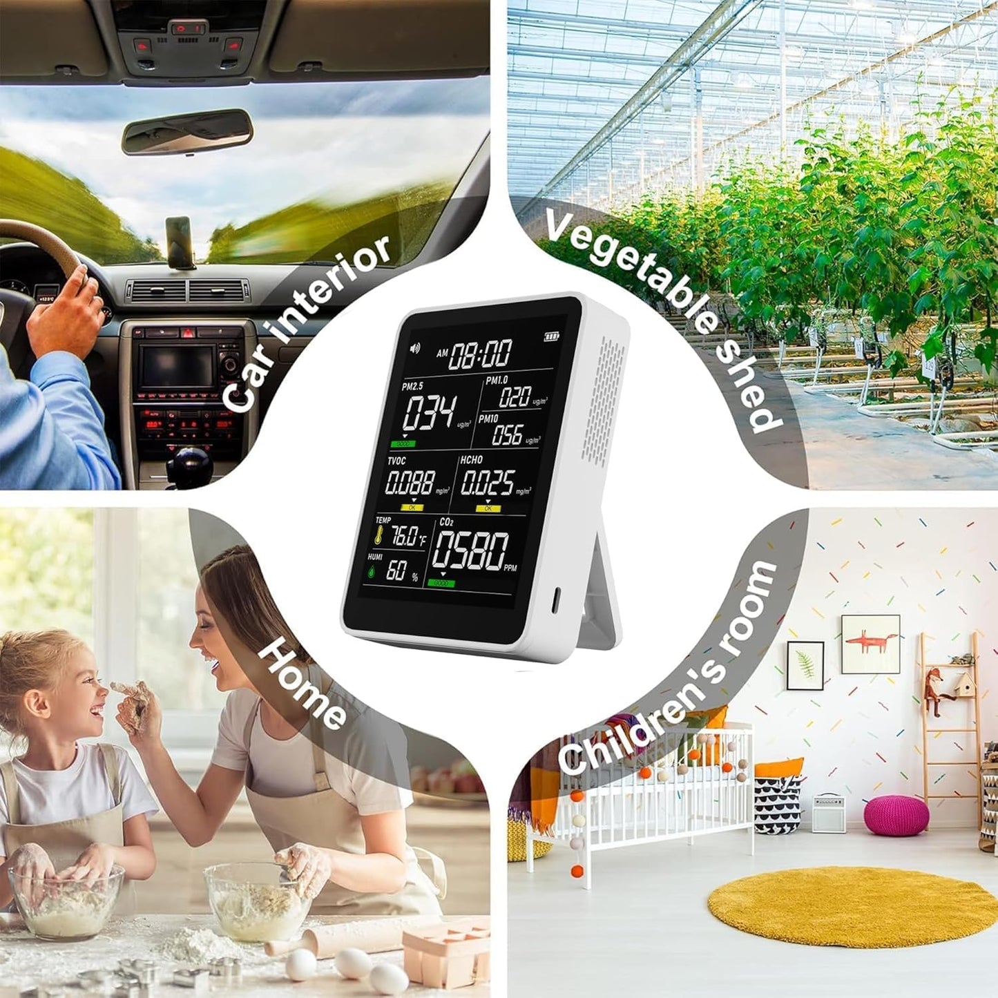 9-in-1 Professional Indoor Air Quality Monitor Indoor Portable PM2.5/PM10/CO2,Temperature, Formaldehyde Detector,Humidity TVOC,Time Display Air Quality Tester (Pearly White)