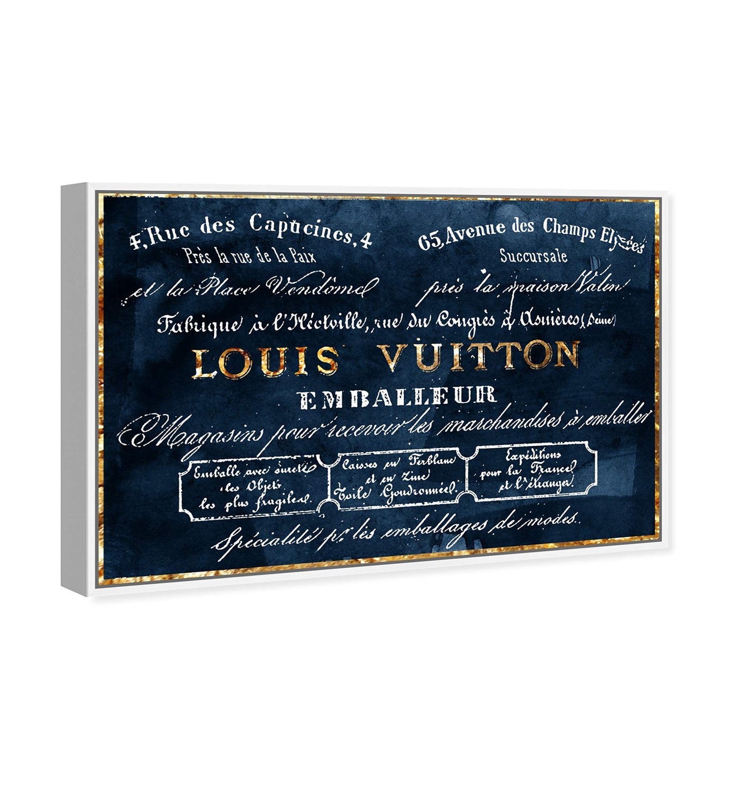 The Oliver Gal Artist Co. Fashion and Glam Framed Wall Art Canvas Prints 'Emballeur Navy' Road Signs Home Décor, 15 in x 10 in, Blue, Gold