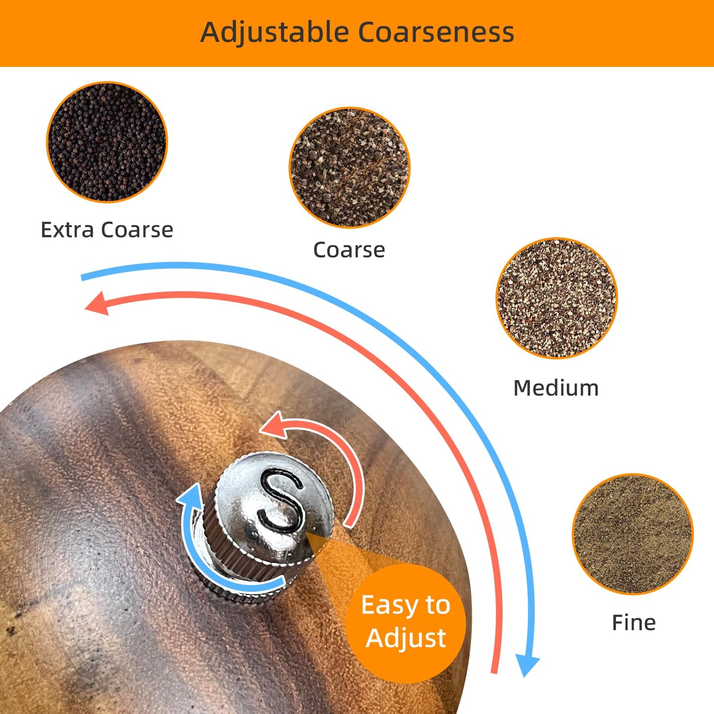 Wooden Salt and Pepper Grinder Set:Pepper Grinder Manual,Adjustable Coarseness,Crafted of Acacia Wood with Ceramic/Stainless Steel Core|Along with Salt&Pepper Mill Tray,Spoon,8in,2pack