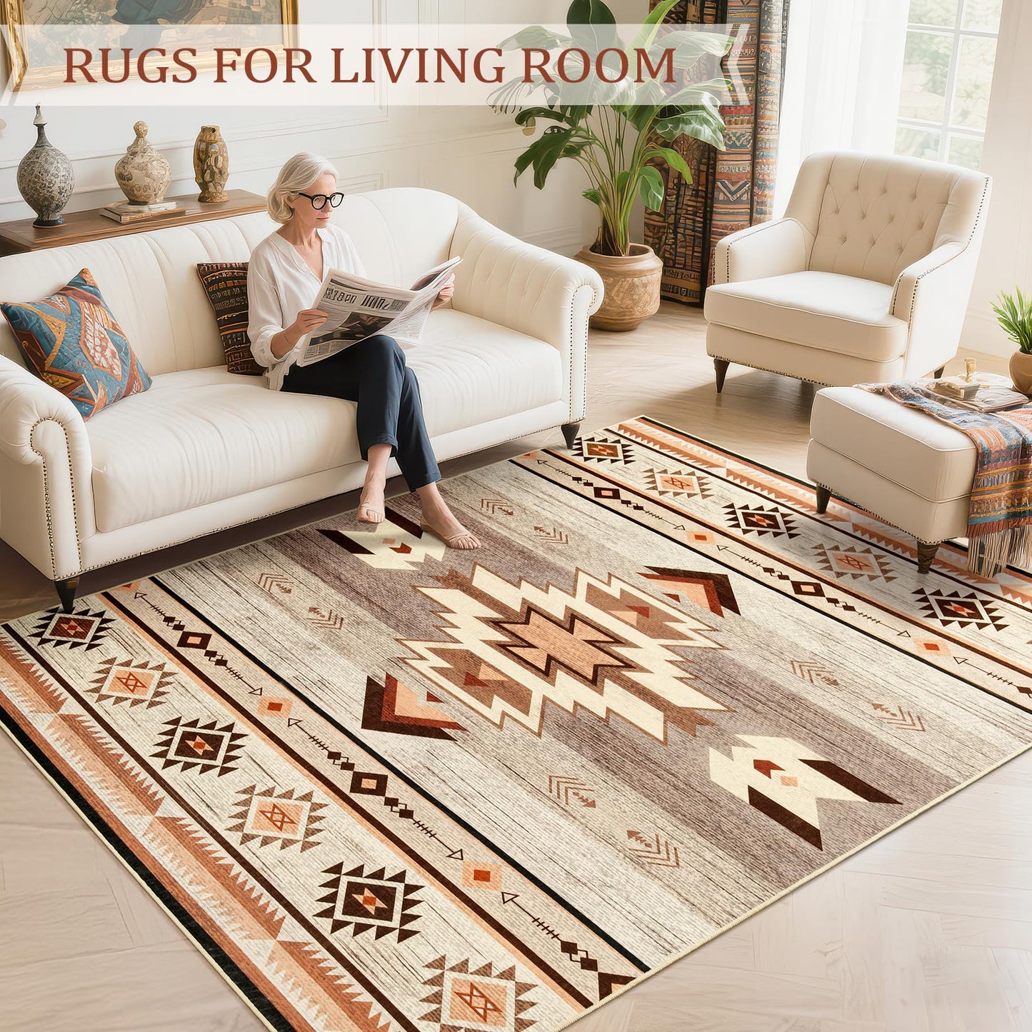 B BENRON Western Rugs for Living Room, Non Slip Rustic Rug for Bedroom Dining Table Kitchen, Washable Aesthetic Area Rugs for Home Decor, 5ft x 7ft, Warm Beige